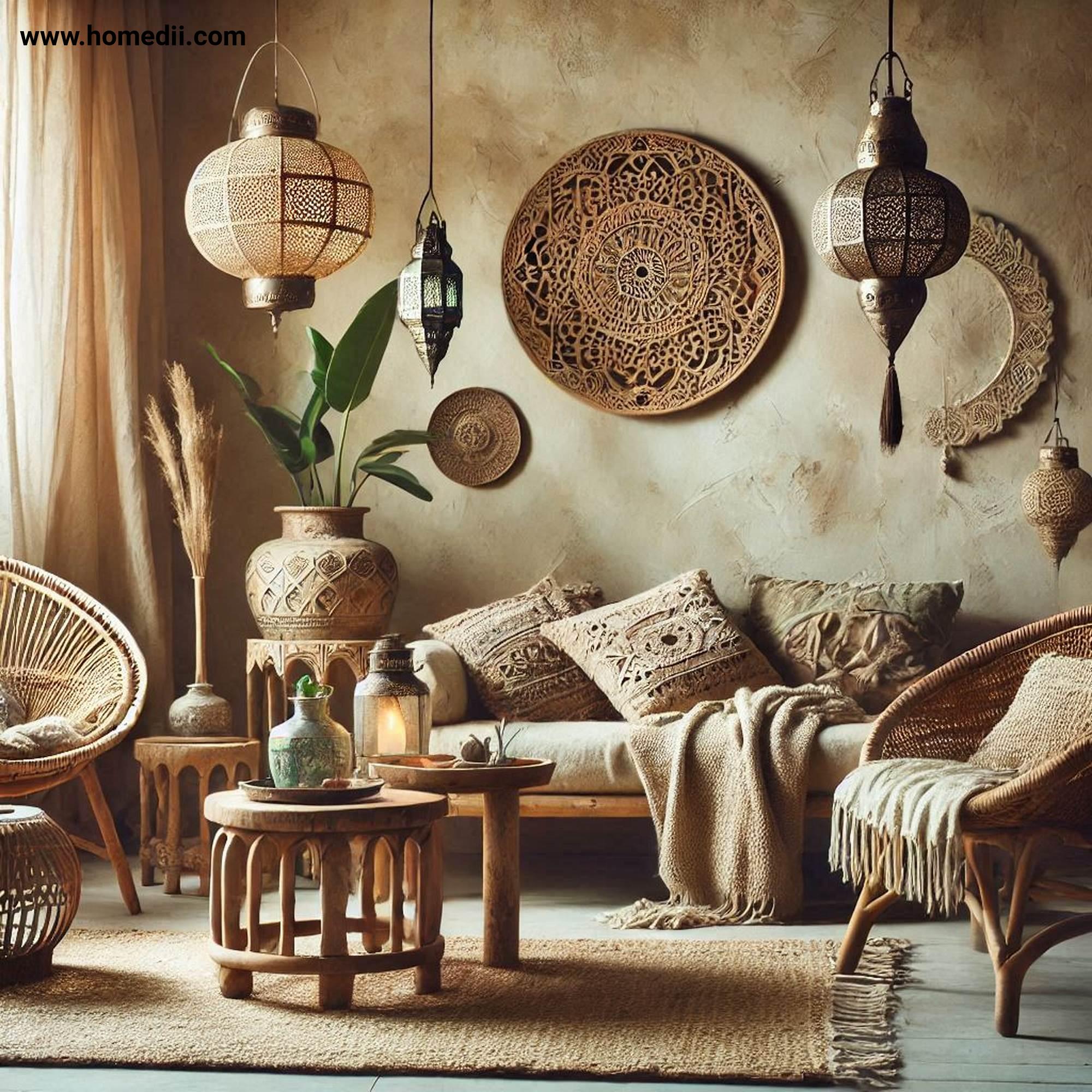 Bohemian Living Room - Add Vintage And Global Decor with Hand-Carved Tables, Moroccan Lanterns, Rattan Chairs!