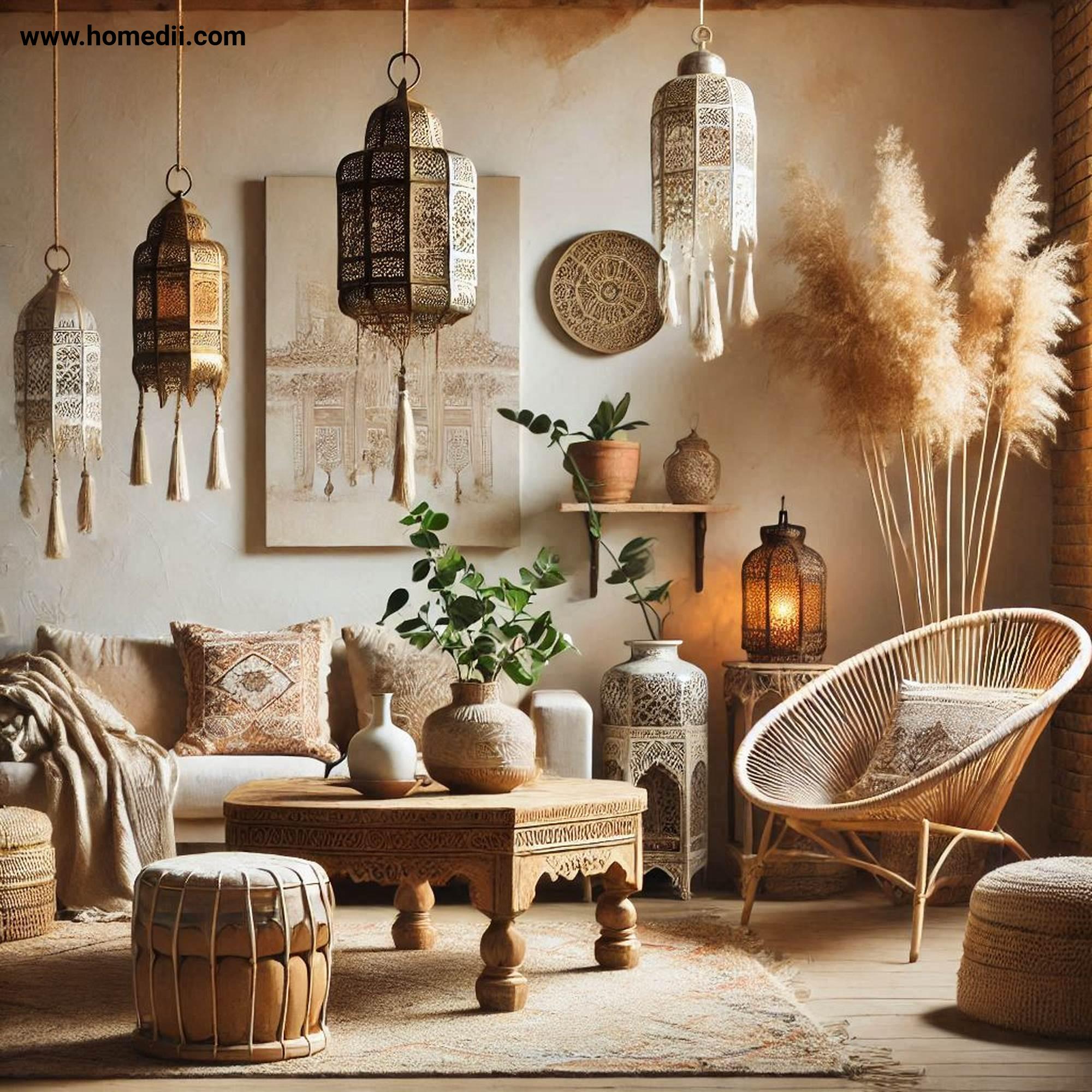 Bohemian Living Room - Add Vintage And Global Decor with Hand-Carved Tables, Moroccan Lanterns, Rattan Chairs!