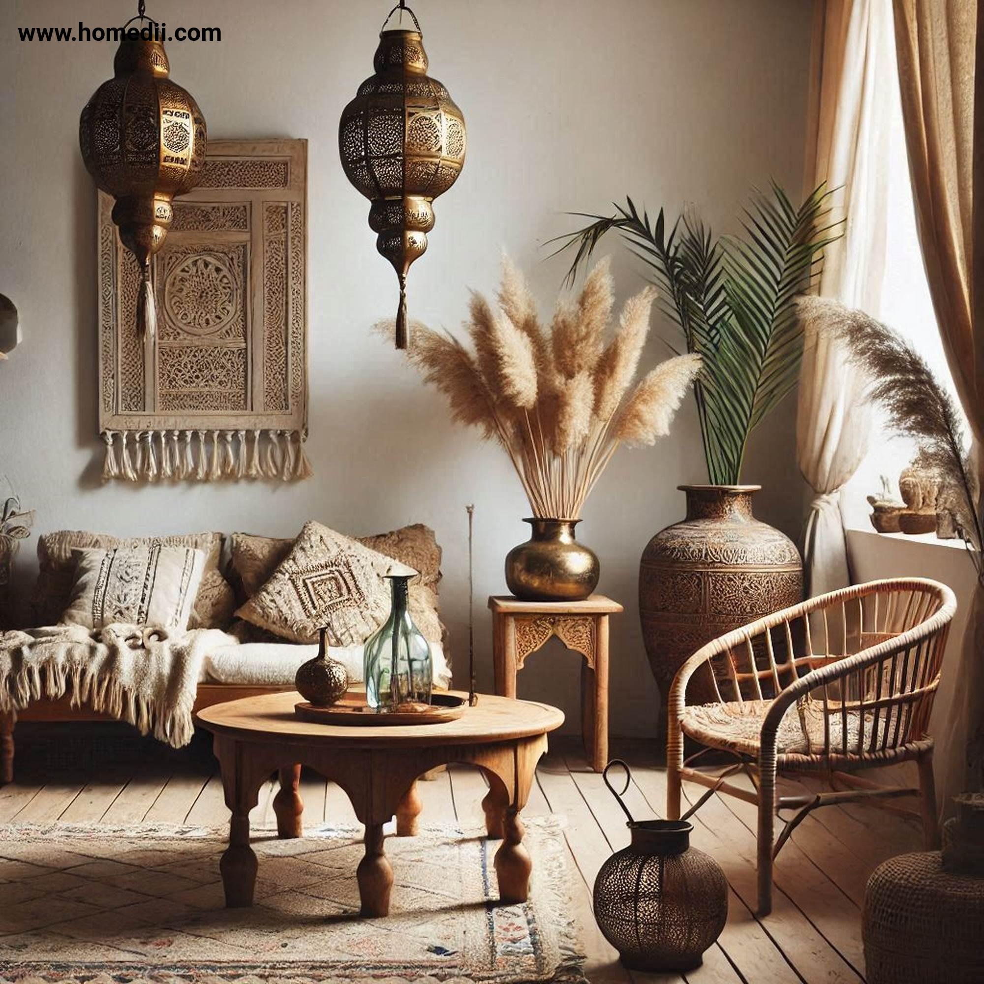 Bohemian Living Room - Add Vintage And Global Decor with Hand-Carved Tables, Moroccan Lanterns, Rattan Chairs!