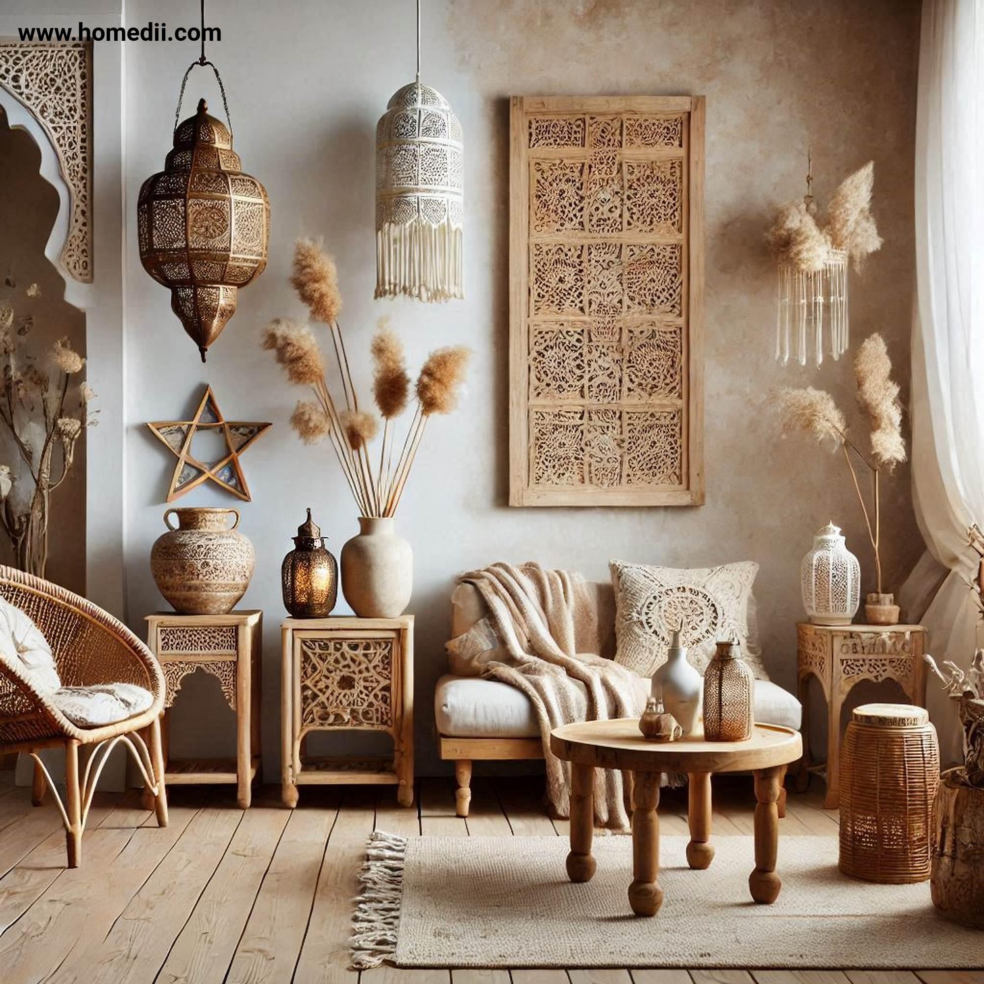 Bohemian Living Room - Add Vintage And Global Decor with Hand-Carved Tables, Moroccan Lanterns, Rattan Chairs!