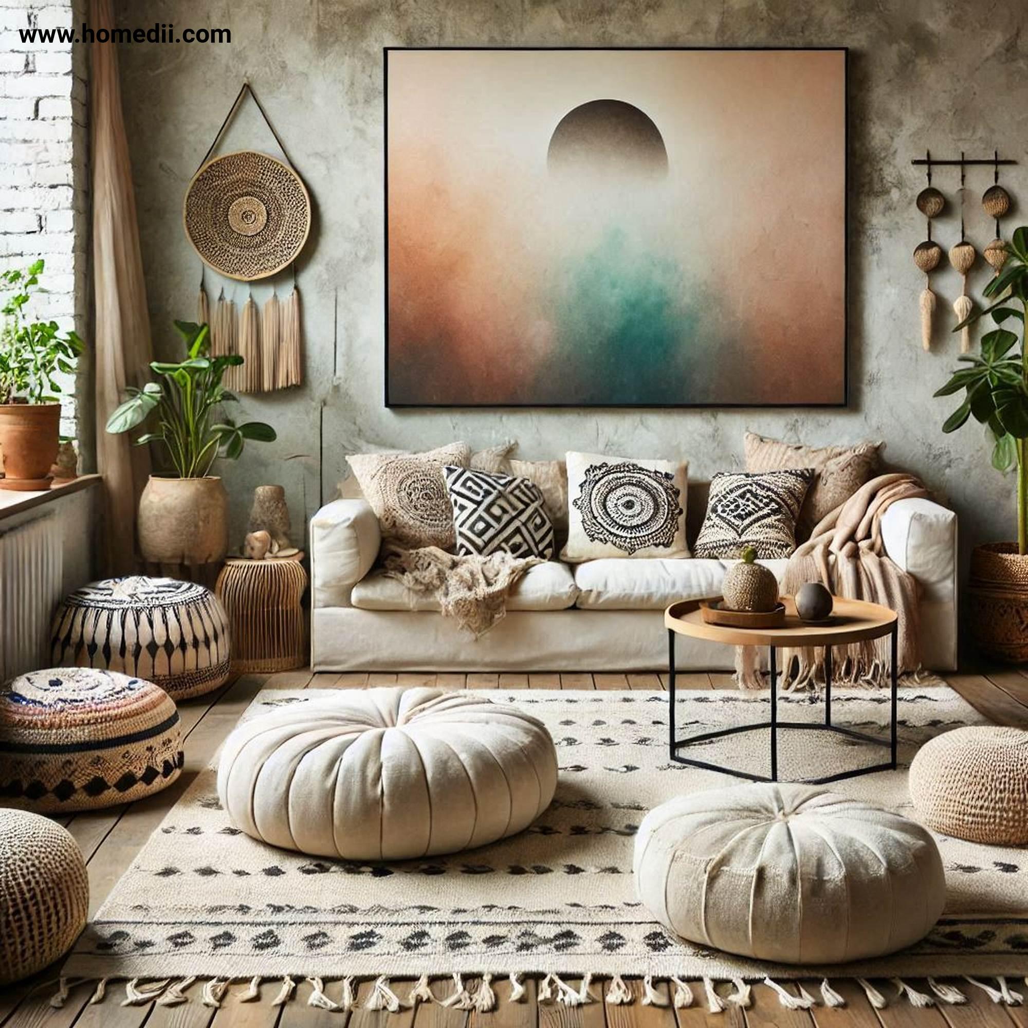 Bohemian Living Room - Incorporate Low-Level Seating with Floor Cushions, Poufs, Low-Profile Sofa!