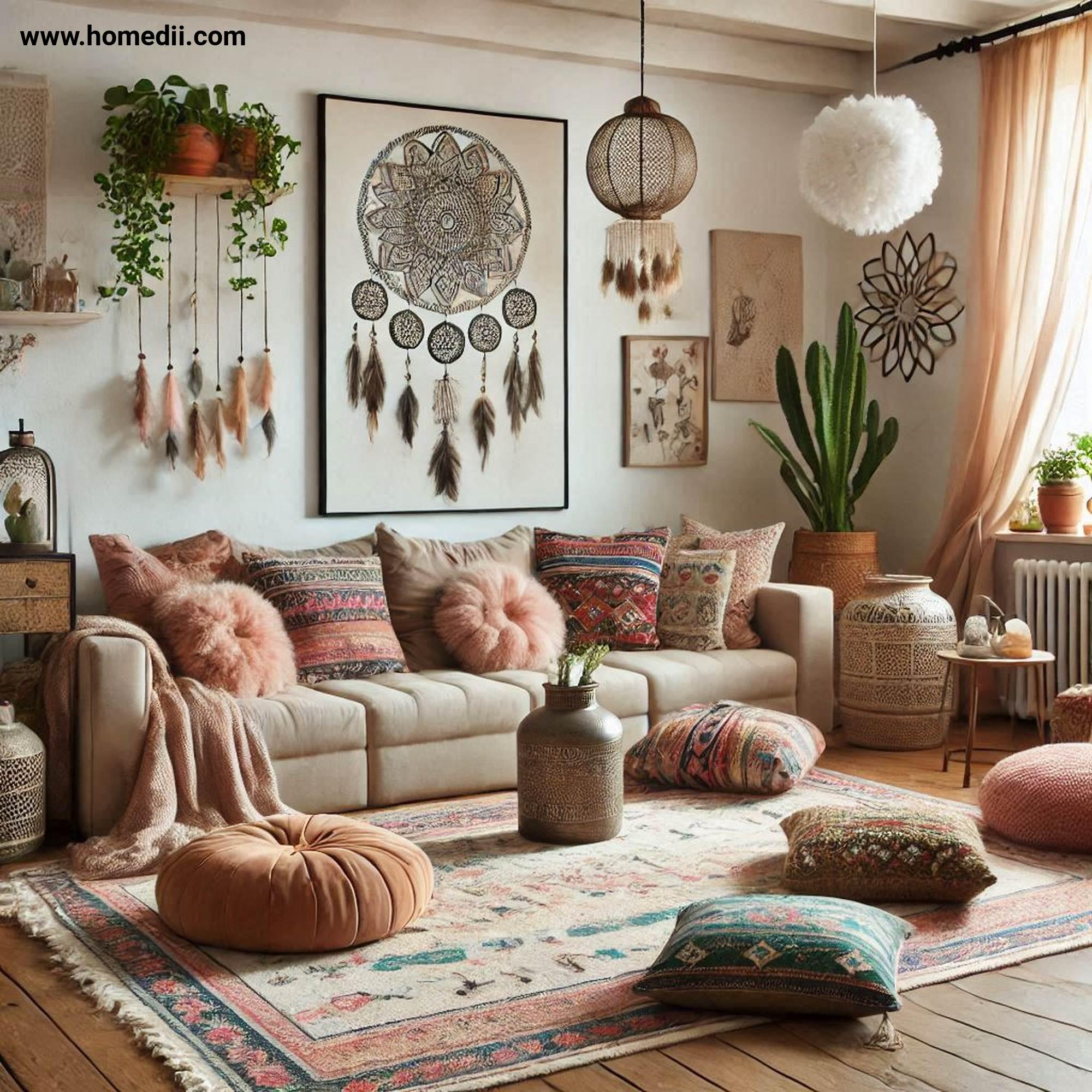 Bohemian Living Room - Incorporate Low-Level Seating with Floor Cushions, Poufs, Low-Profile Sofa!