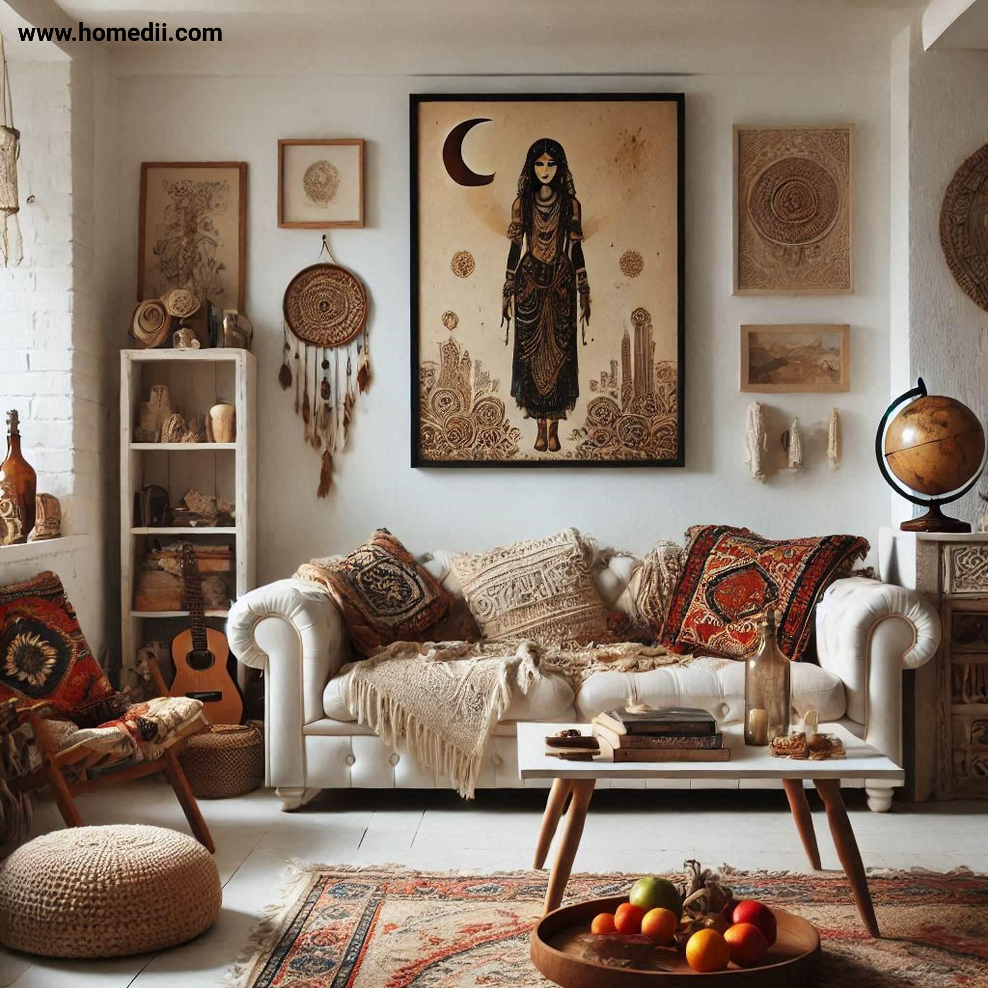 Bohemian Living Room - Incorporate Personal Touches with Travel Souvenirs, Handmade Artwork, Family Heirlooms!