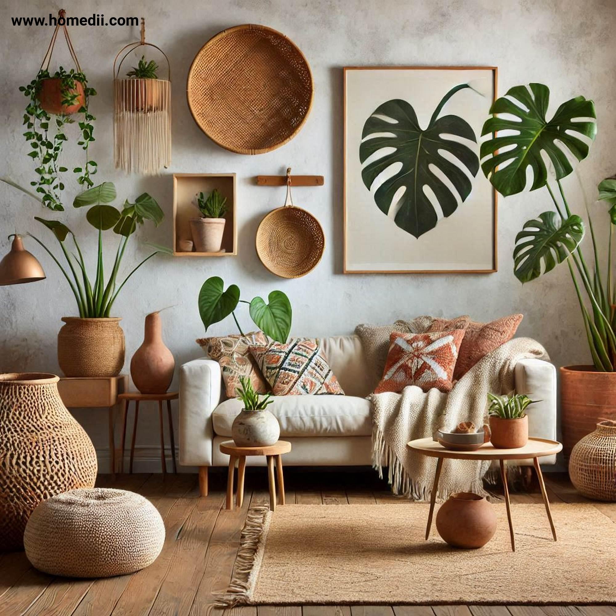 Bohemian Living Room - Introduce Indoor Plants with Monstera, Fiddle-Leaf Figs, Pothos, Woven Baskets, Terracotta Pots!