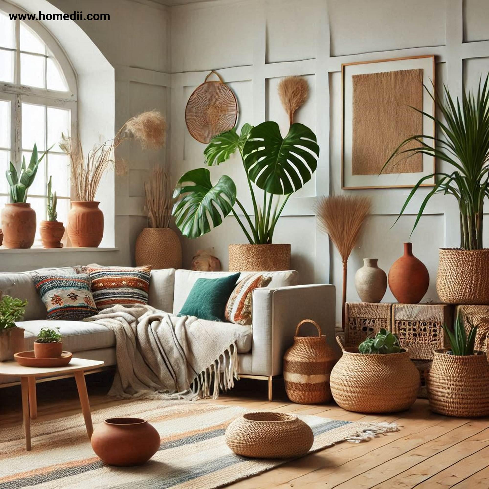 Bohemian Living Room - Introduce Indoor Plants with Monstera, Fiddle-Leaf Figs, Pothos, Woven Baskets, Terracotta Pots!