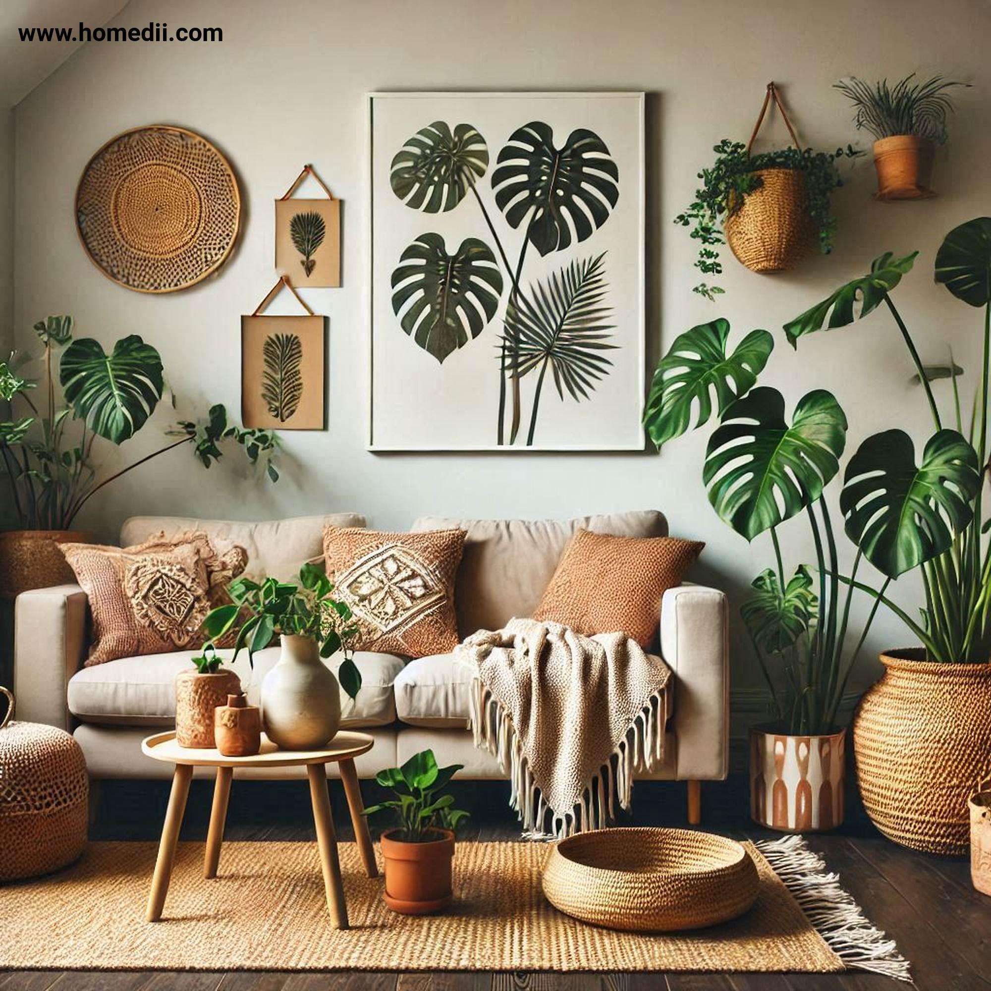 Bohemian Living Room - Introduce Indoor Plants with Monstera, Fiddle-Leaf Figs, Pothos, Woven Baskets, Terracotta Pots!