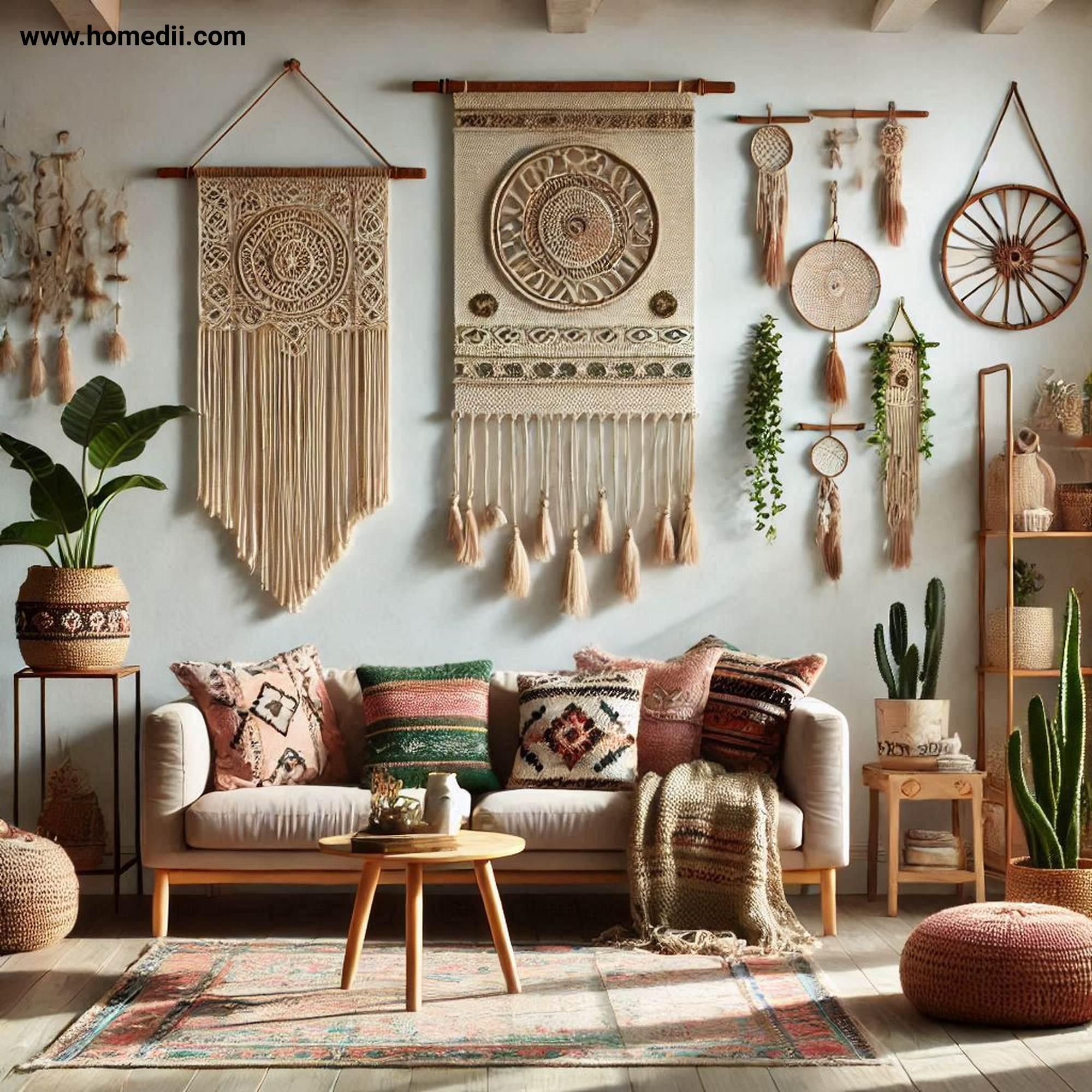 Bohemian Living Room - Layer Textiles And Fabrics with Patterned Rugs, Macramé Wall Hangings, Throw Pillows!