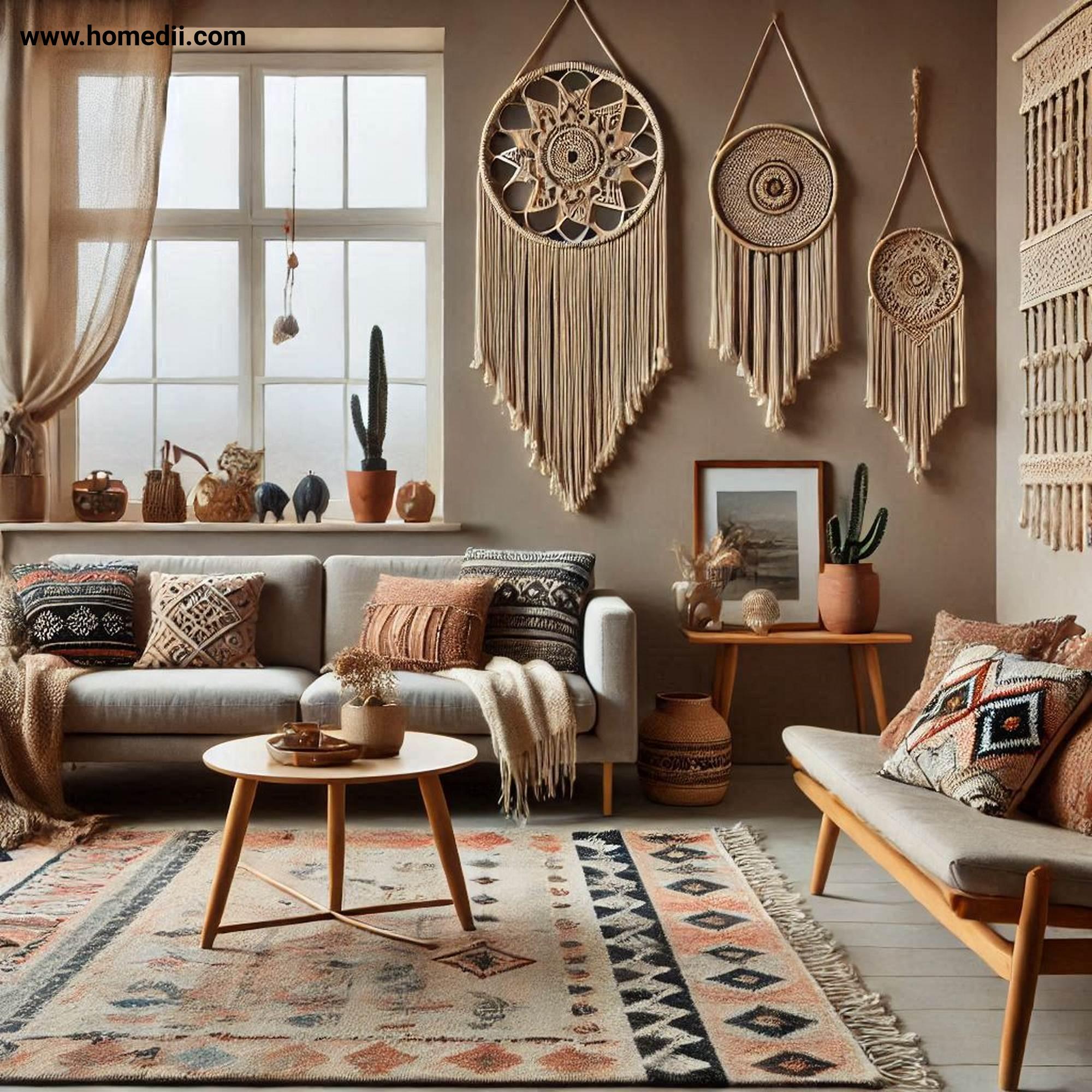 Bohemian Living Room - Layer Textiles And Fabrics with Patterned Rugs, Macramé Wall Hangings, Throw Pillows!