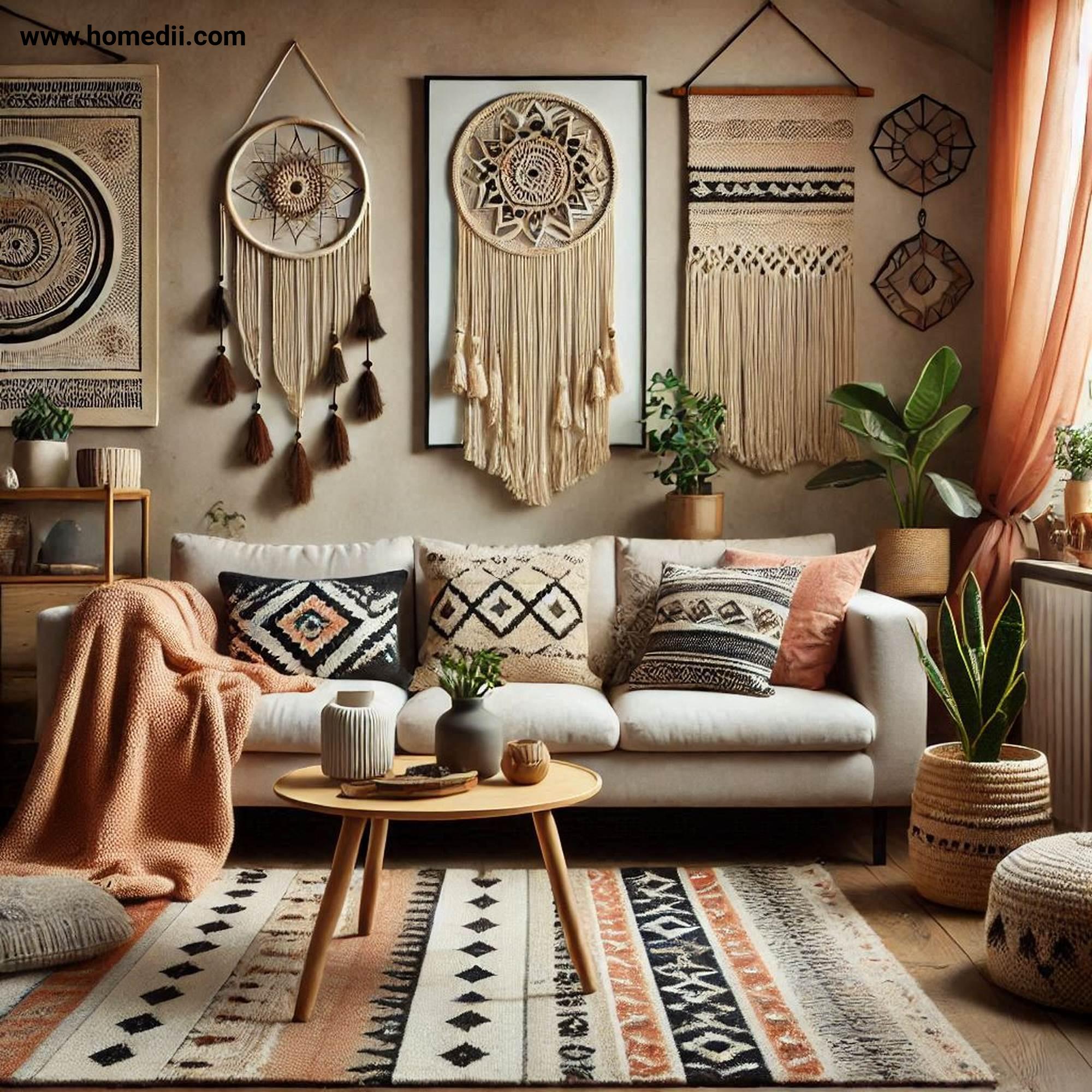 Bohemian Living Room - Layer Textiles And Fabrics with Patterned Rugs, Macramé Wall Hangings, Throw Pillows!