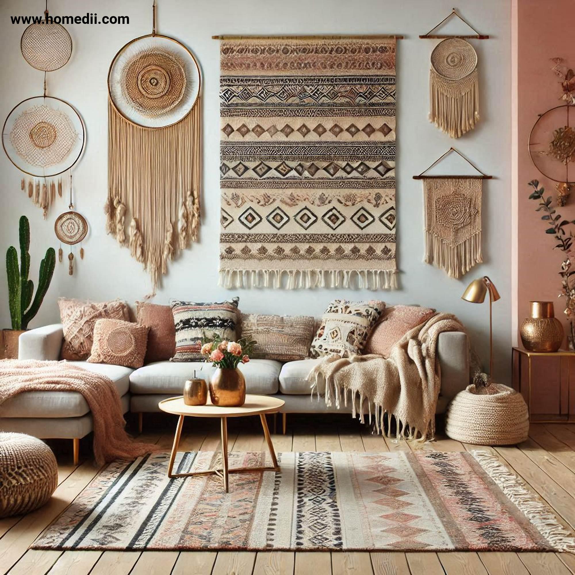 Bohemian Living Room - Layer Textiles And Fabrics with Patterned Rugs, Macramé Wall Hangings, Throw Pillows!