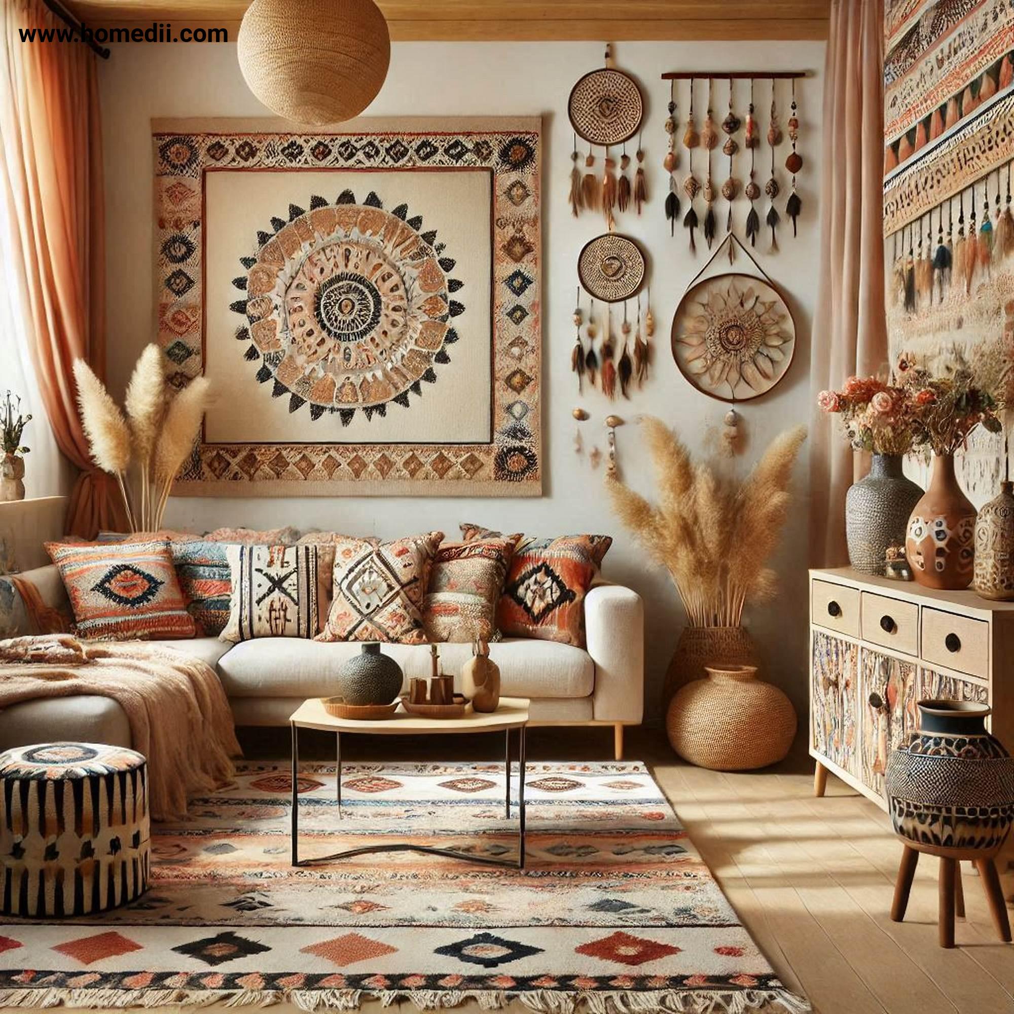 Bohemian Living Room - Mix And Match Patterns with Geometric Prints, Tribal Designs, Floral Motifs, Rugs, Curtains!