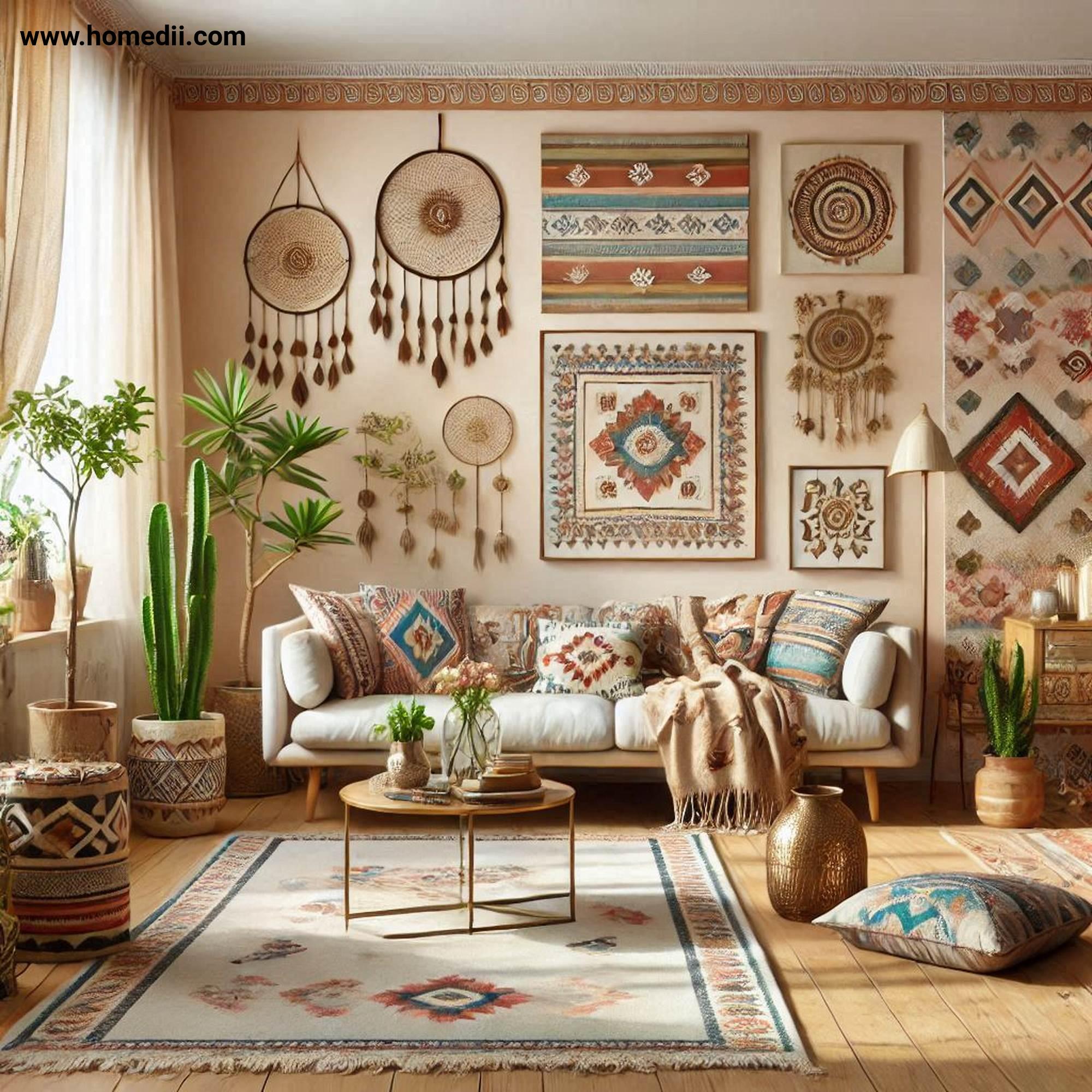 Bohemian Living Room - Mix And Match Patterns with Geometric Prints, Tribal Designs, Floral Motifs, Rugs, Curtains!