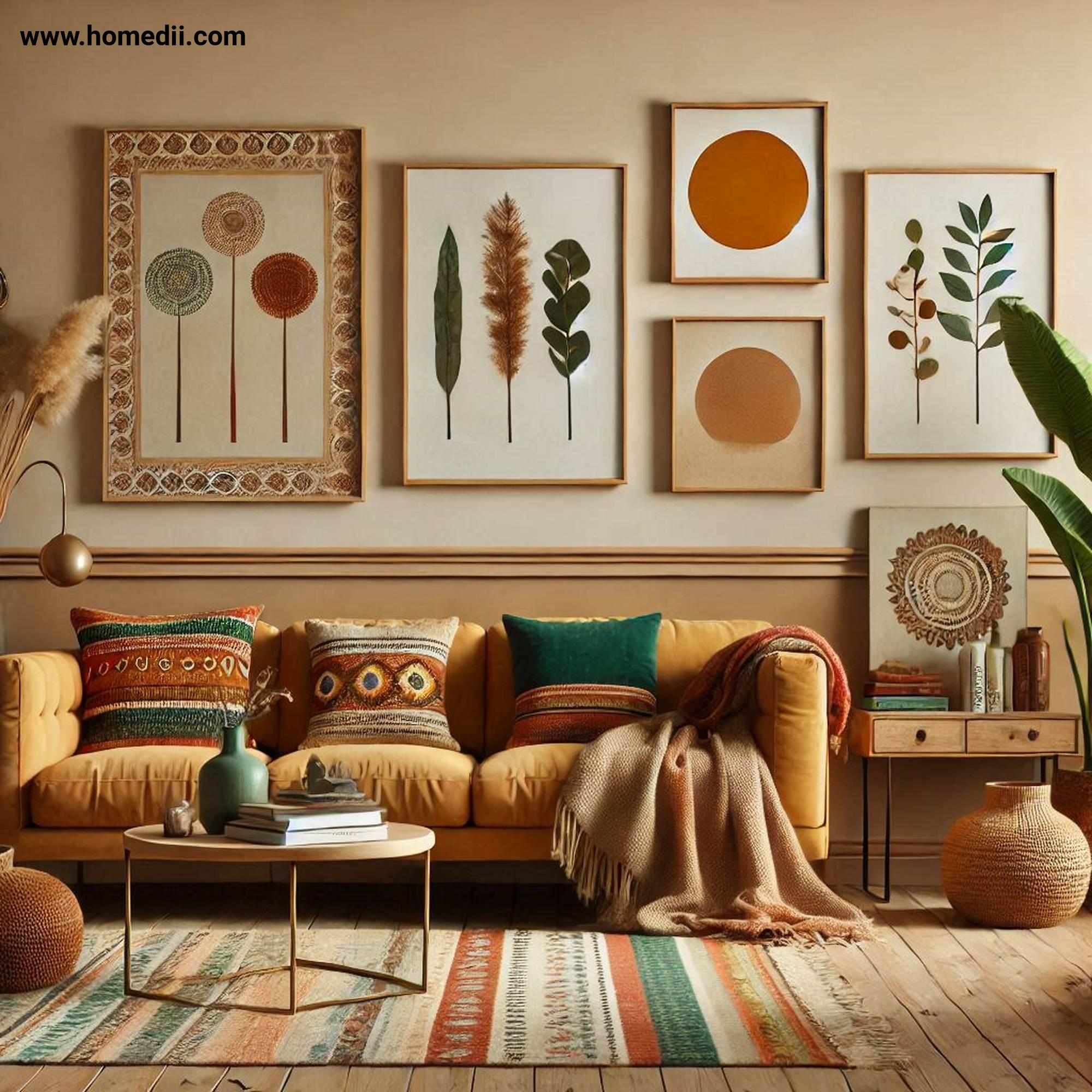 Bohemian Living Room - Start With A Warm Base with Terracotta, Mustard Yellow, Deep Greens, Beige, Cream!