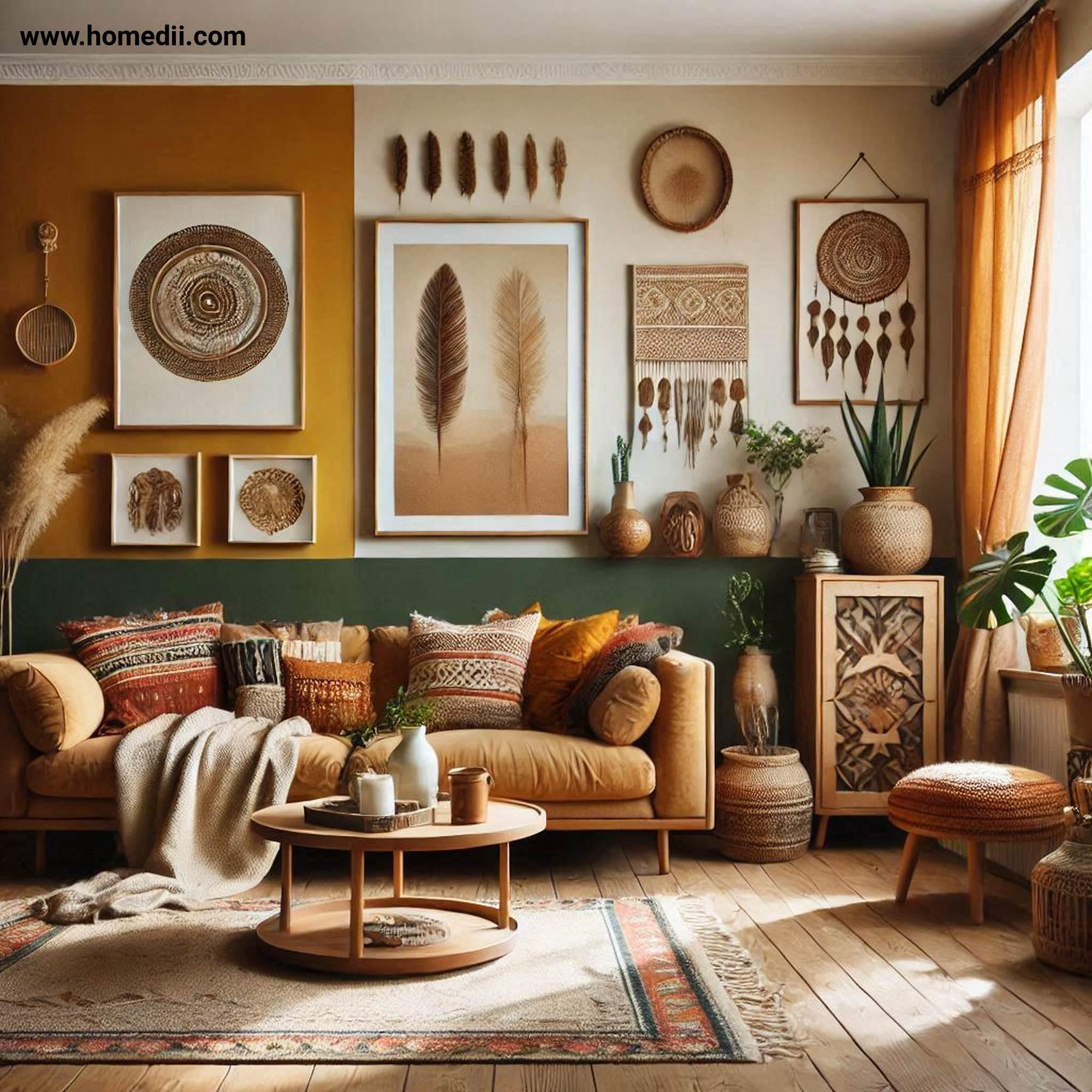 Bohemian Living Room - Start With A Warm Base with Terracotta, Mustard Yellow, Deep Greens, Beige, Cream!