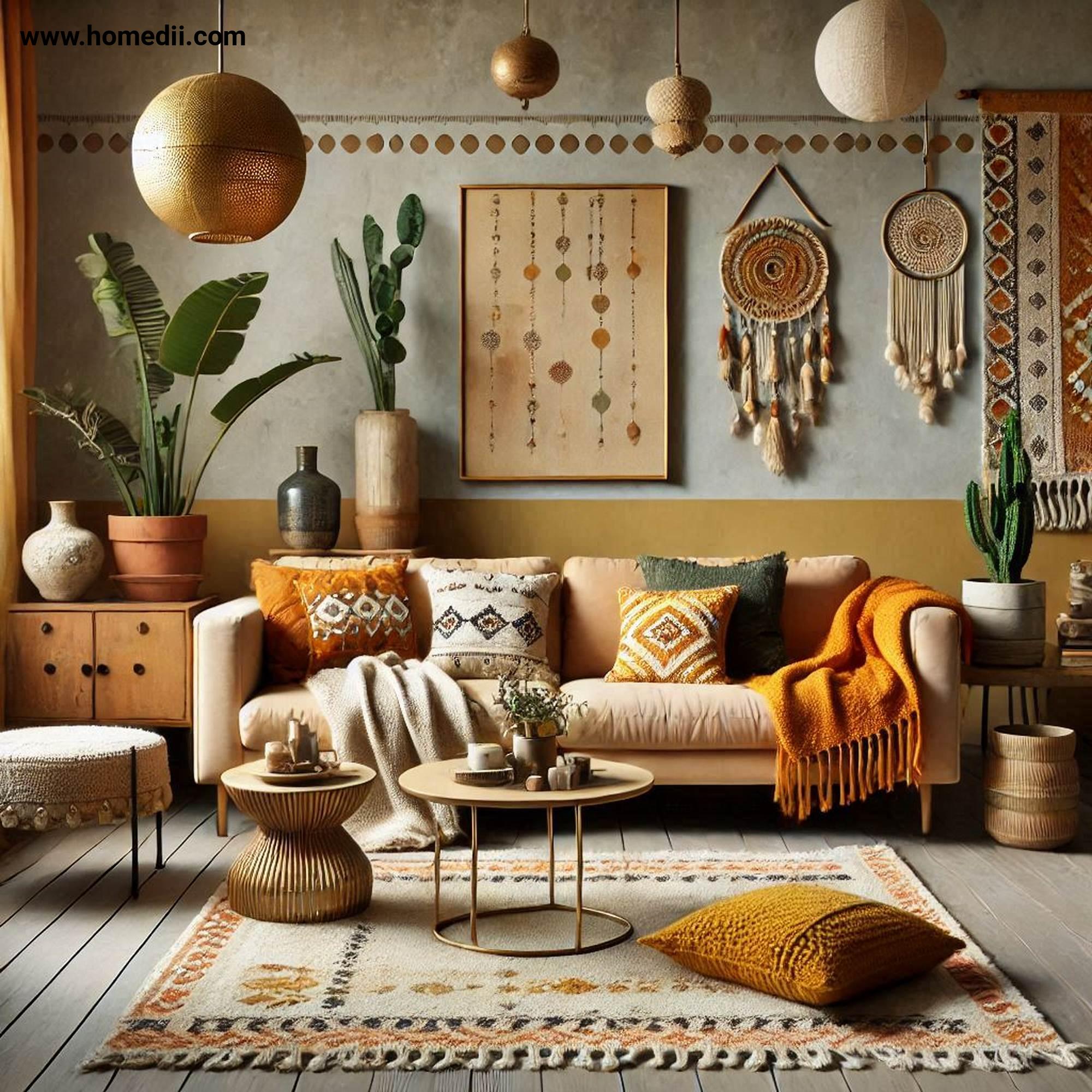 Bohemian Living Room - Start With A Warm Base with Terracotta, Mustard Yellow, Deep Greens, Beige, Cream!