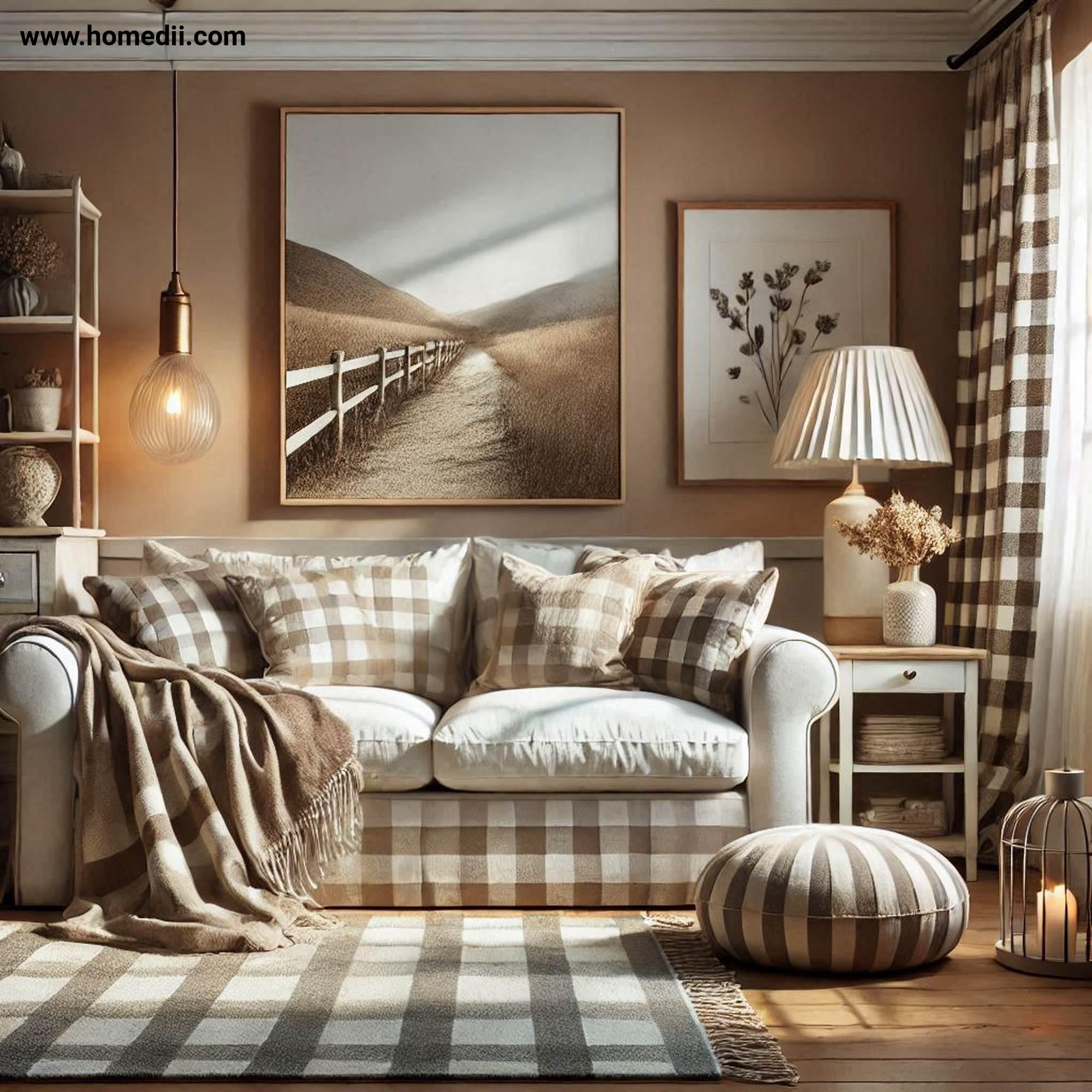 Farmhouse Living Room - Add A Statement Sofa with Overstuffed Sofa, Plaid Patterns, Neutral Fabric!