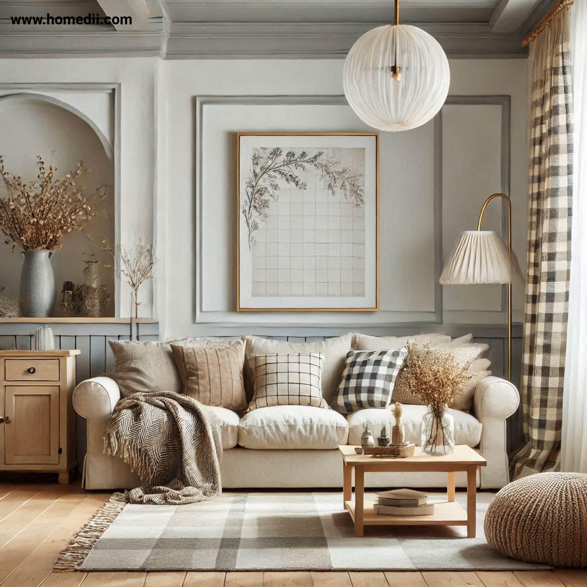 Farmhouse Living Room - Add A Statement Sofa with Overstuffed Sofa, Plaid Patterns, Neutral Fabric!