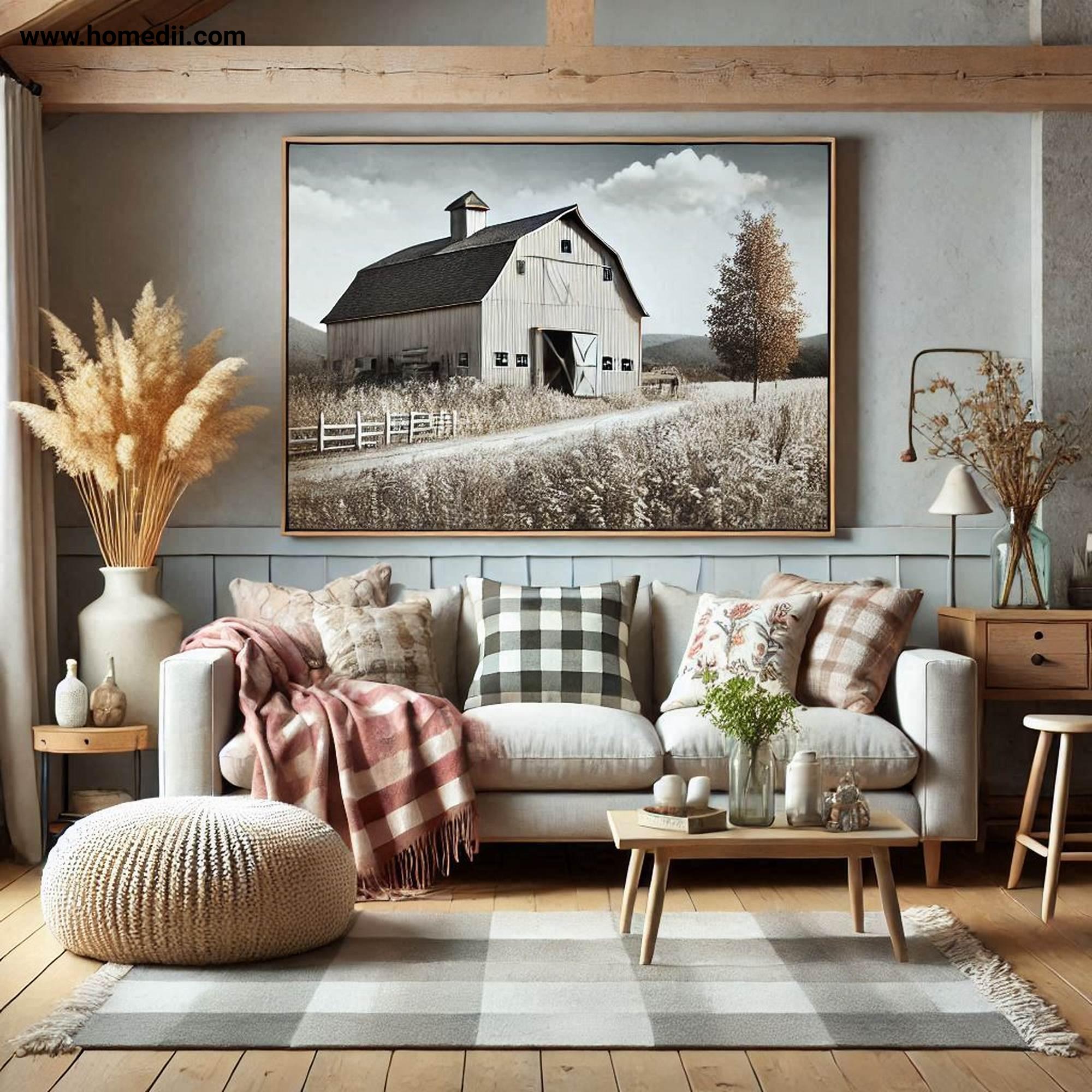 Farmhouse Living Room - Add A Statement Sofa with Overstuffed Sofa, Plaid Patterns, Neutral Fabric!