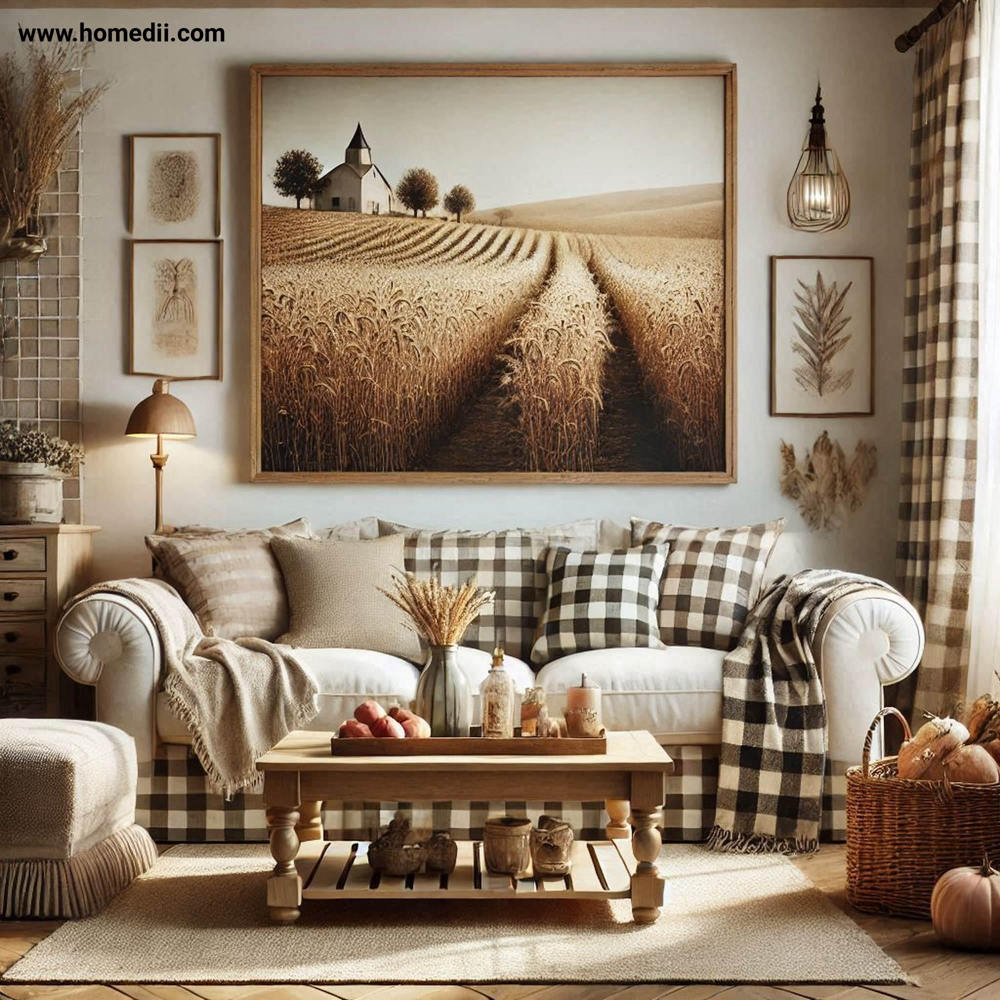 Farmhouse Living Room - Add A Statement Sofa with Overstuffed Sofa, Plaid Patterns, Neutral Fabric!