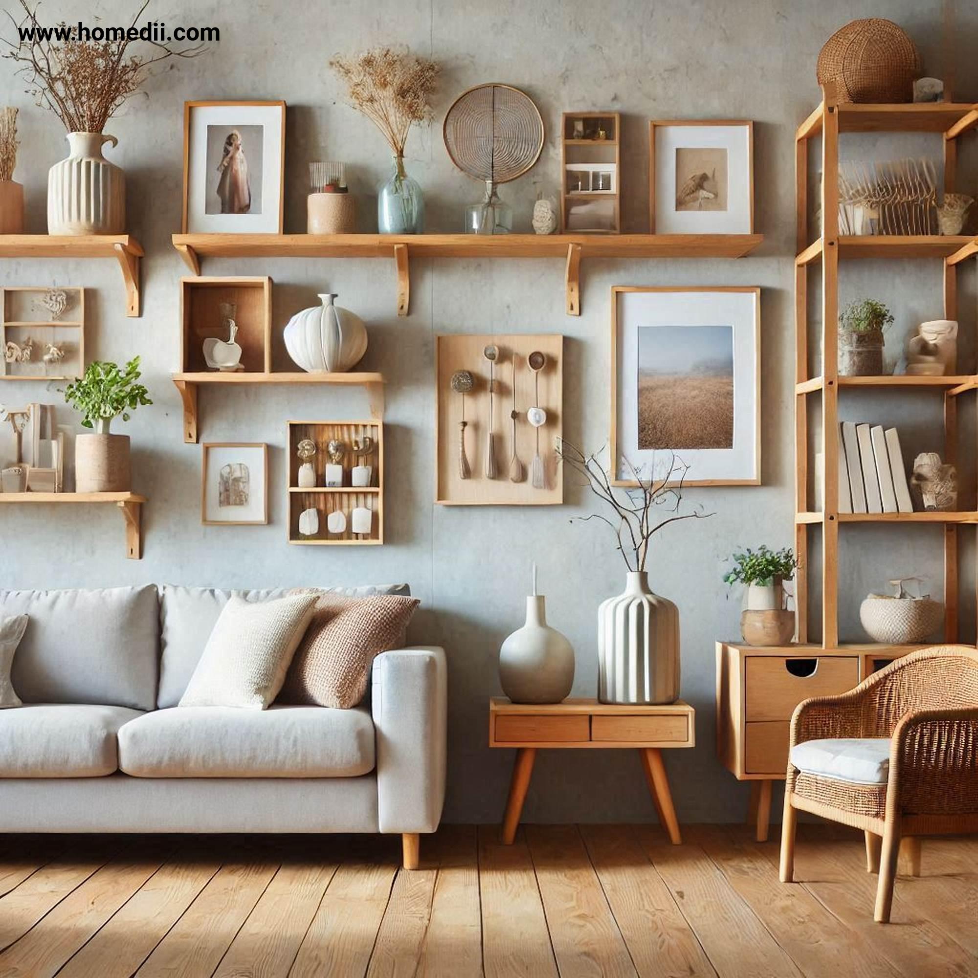 Farmhouse Living Room - Add Open Shelving with Wooden Shelves, Decorative Items, Books, Family Photos!