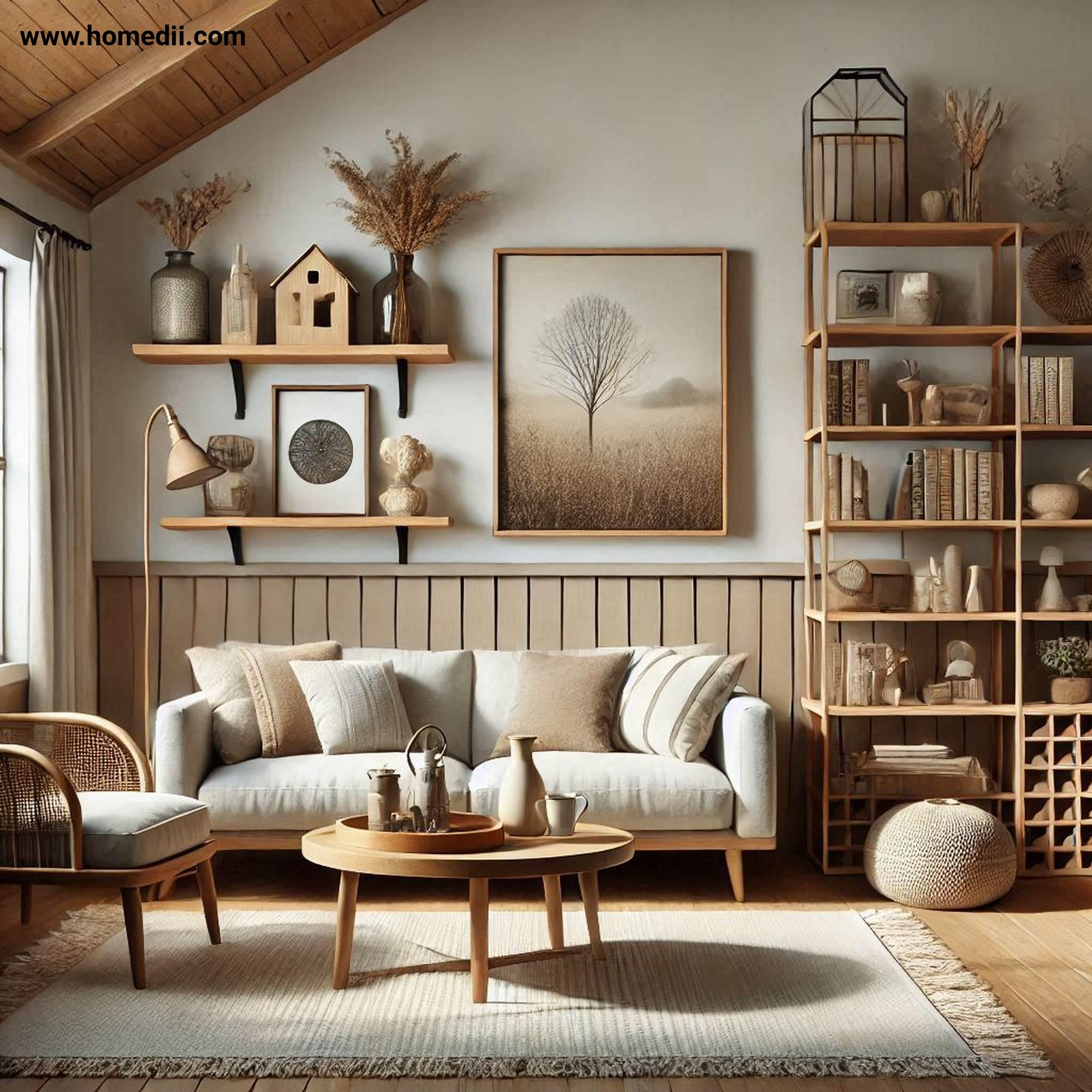 Farmhouse Living Room - Add Open Shelving with Wooden Shelves, Decorative Items, Books, Family Photos!