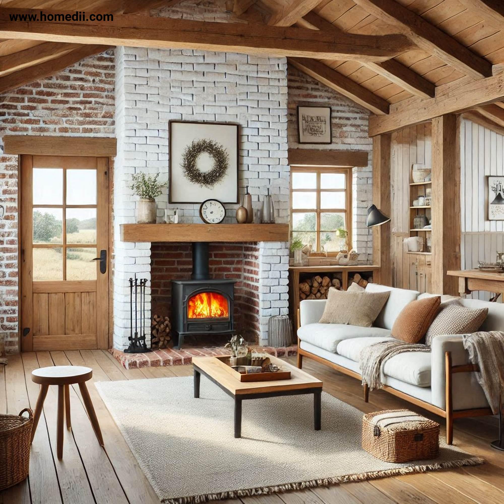 Farmhouse Living Room - Create A Focal Point With A Fireplace with Fireplace, Wooden Mantel, Brick Accents, Stone Cladding!