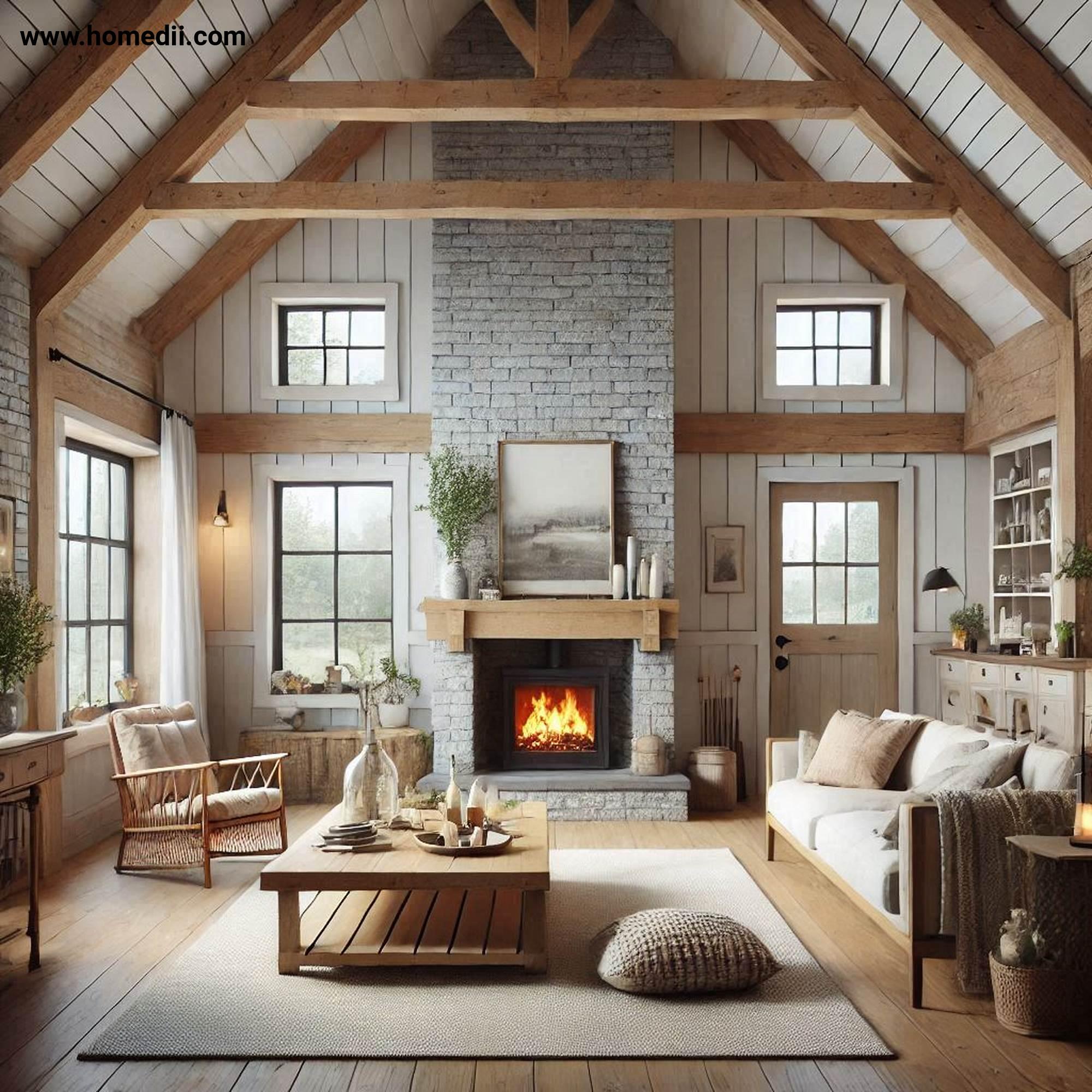 Farmhouse Living Room - Create A Focal Point With A Fireplace with Fireplace, Wooden Mantel, Brick Accents, Stone Cladding!