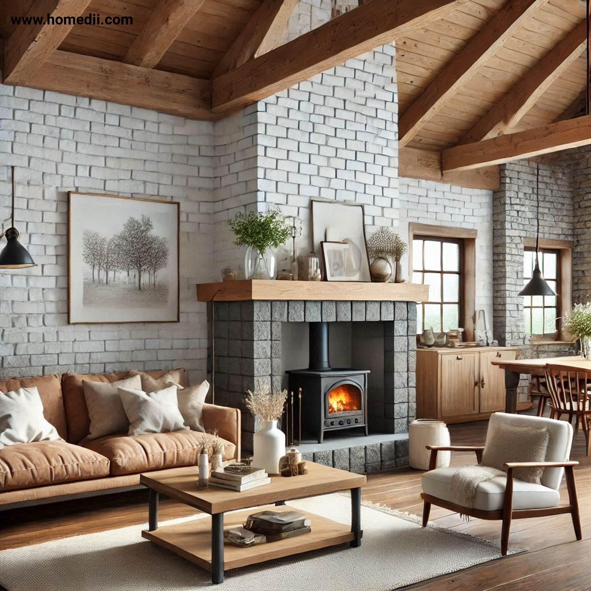 Farmhouse Living Room - Create A Focal Point With A Fireplace with Fireplace, Wooden Mantel, Brick Accents, Stone Cladding!