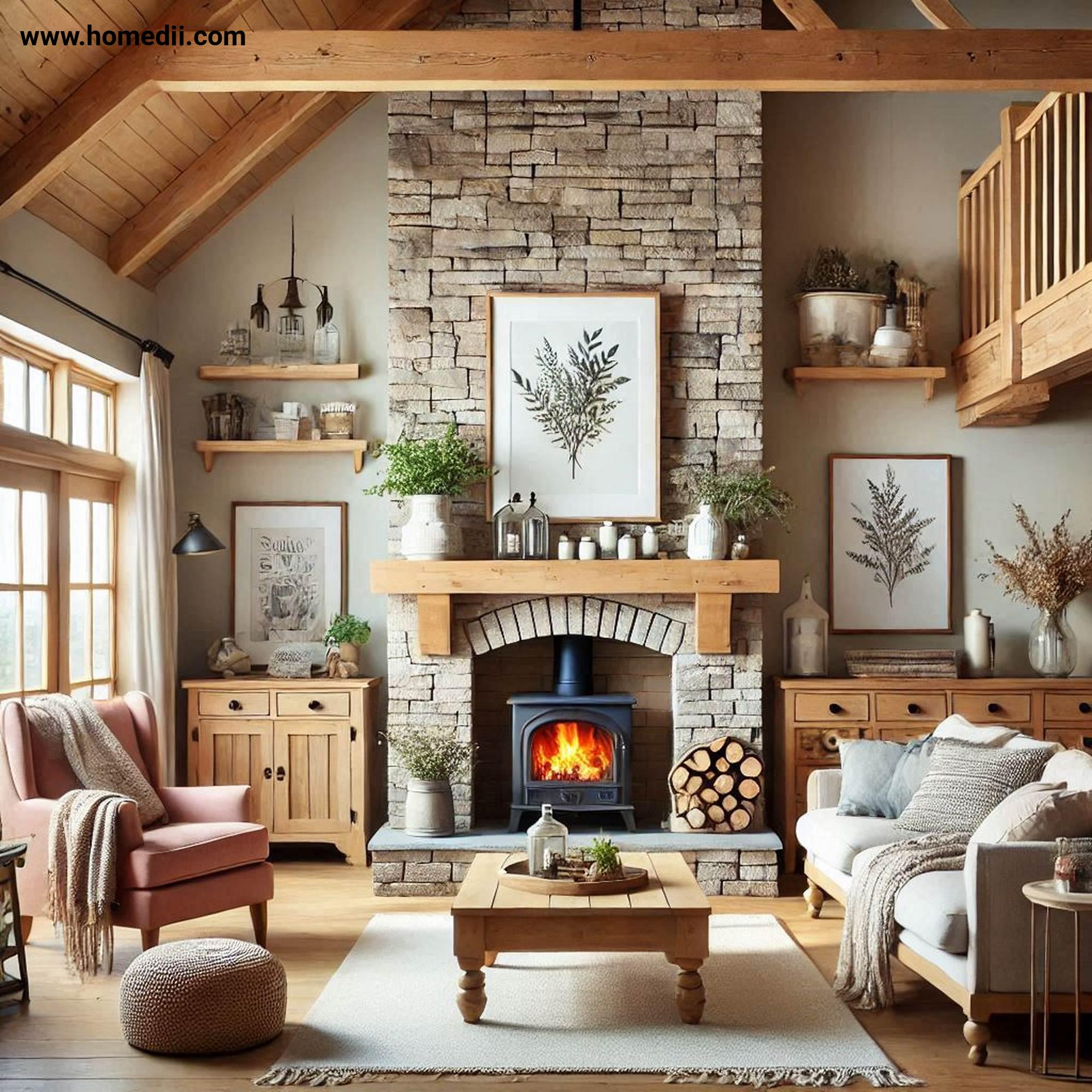 Farmhouse Living Room - Create A Focal Point With A Fireplace with Fireplace, Wooden Mantel, Brick Accents, Stone Cladding!