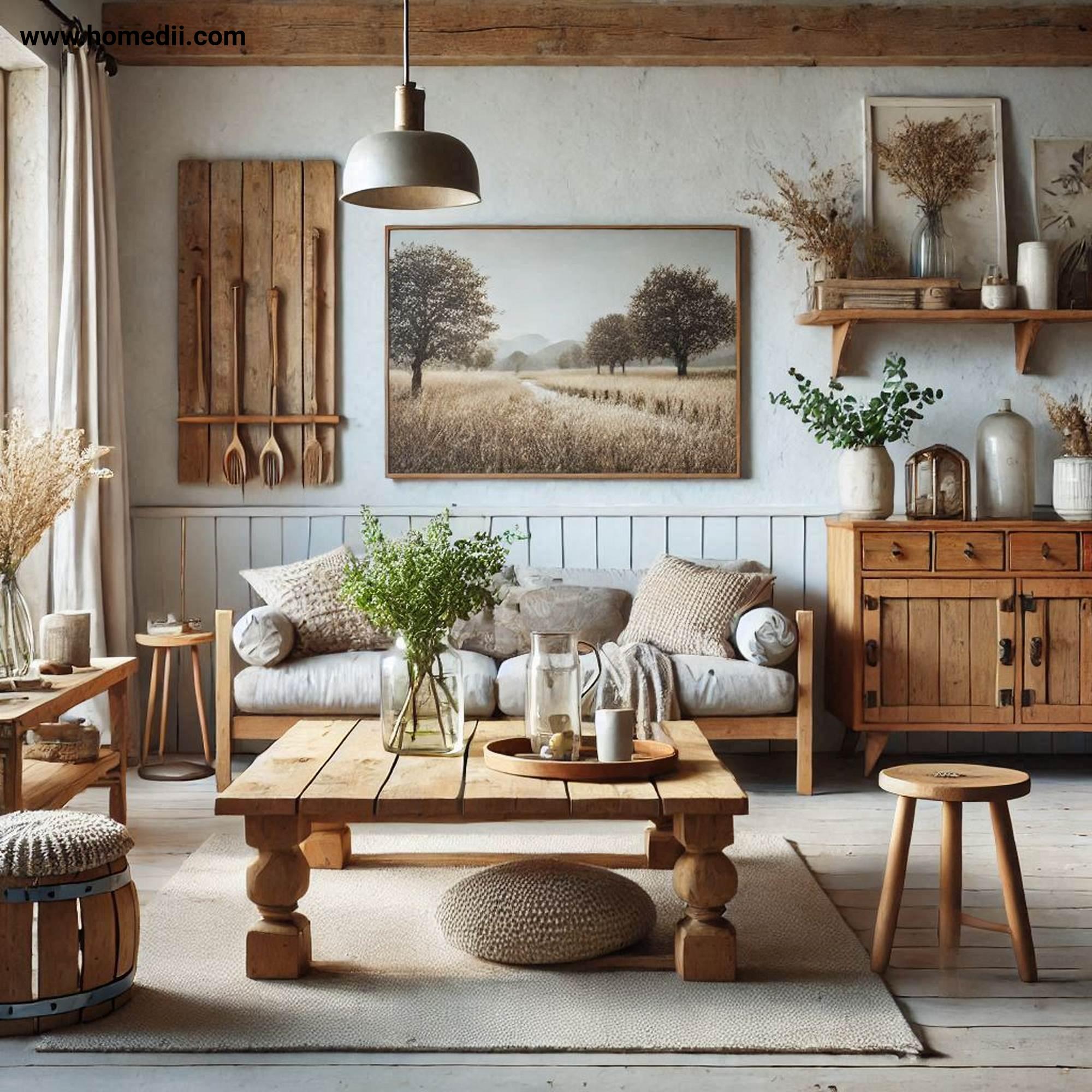 Farmhouse Living Room - Incorporate Rustic Wooden Furniture with Wooden Coffee Table, Reclaimed Wood Shelves, Console Table!