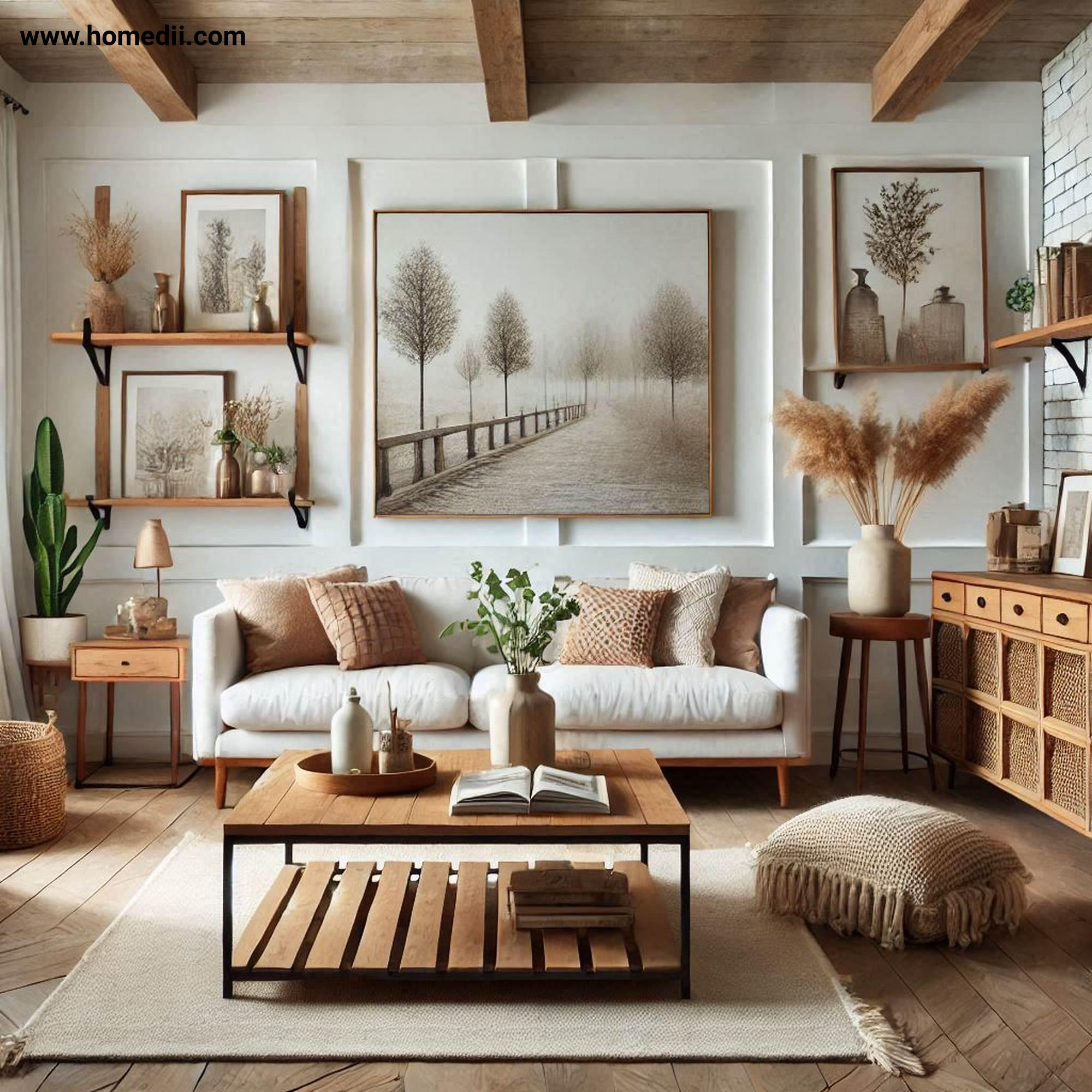 Farmhouse Living Room - Incorporate Rustic Wooden Furniture with Wooden Coffee Table, Reclaimed Wood Shelves, Console Table!