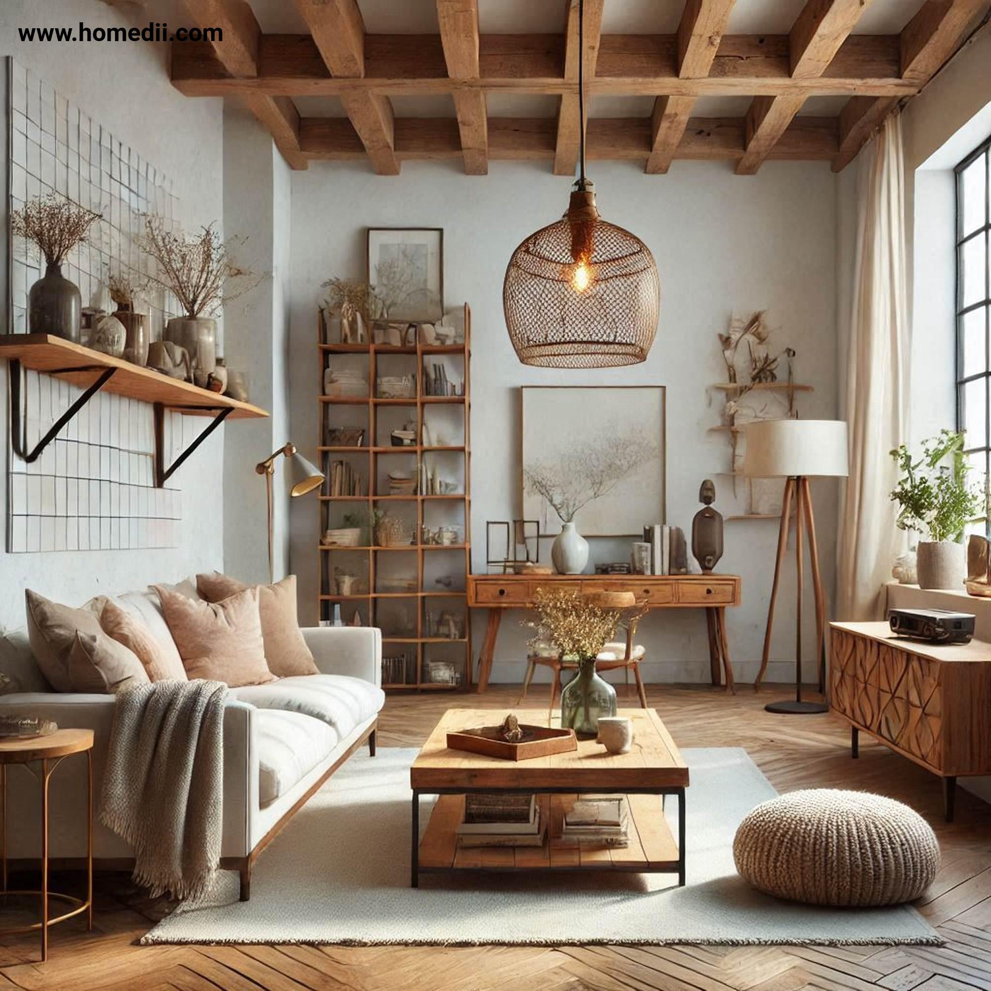 Farmhouse Living Room - Incorporate Rustic Wooden Furniture with Wooden Coffee Table, Reclaimed Wood Shelves, Console Table!