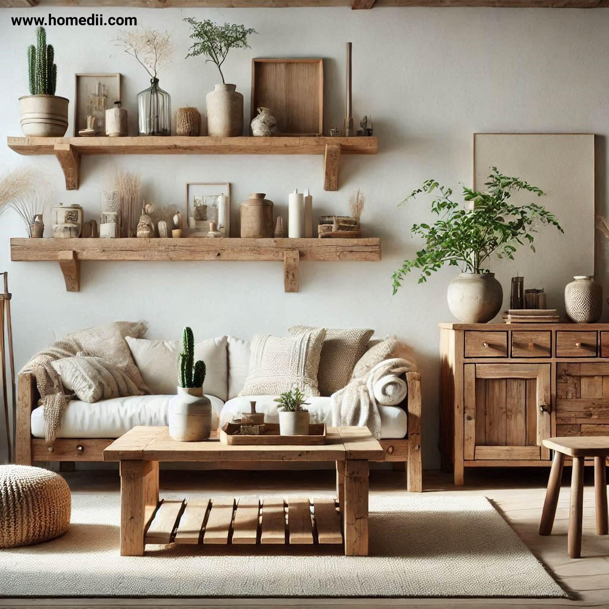 Farmhouse Living Room - Incorporate Rustic Wooden Furniture with Wooden Coffee Table, Reclaimed Wood Shelves, Console Table!