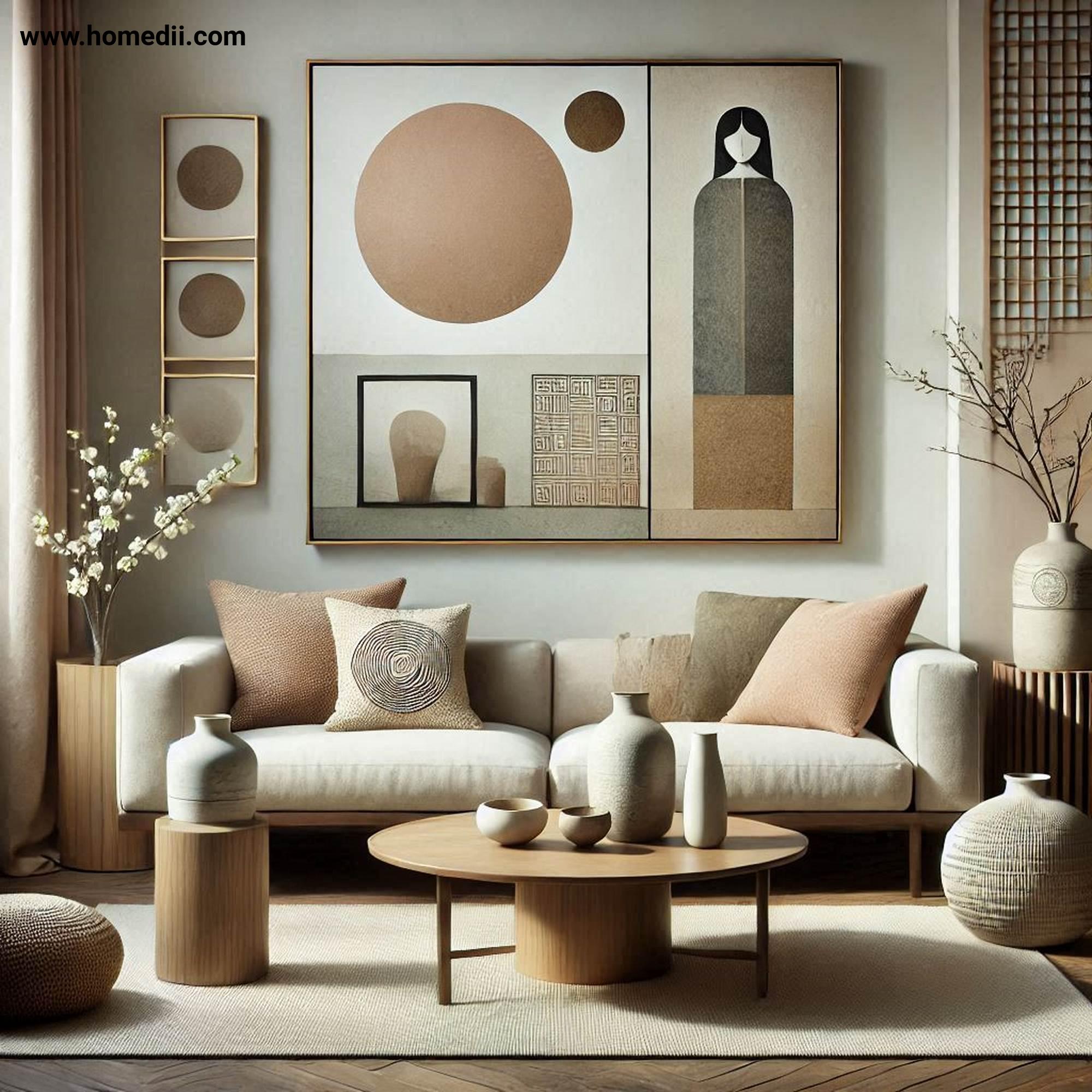 japandi living room refresh - Add Statement Decor with Handcrafted Pottery, Minimalist Sculptures, Abstract Wall Print!