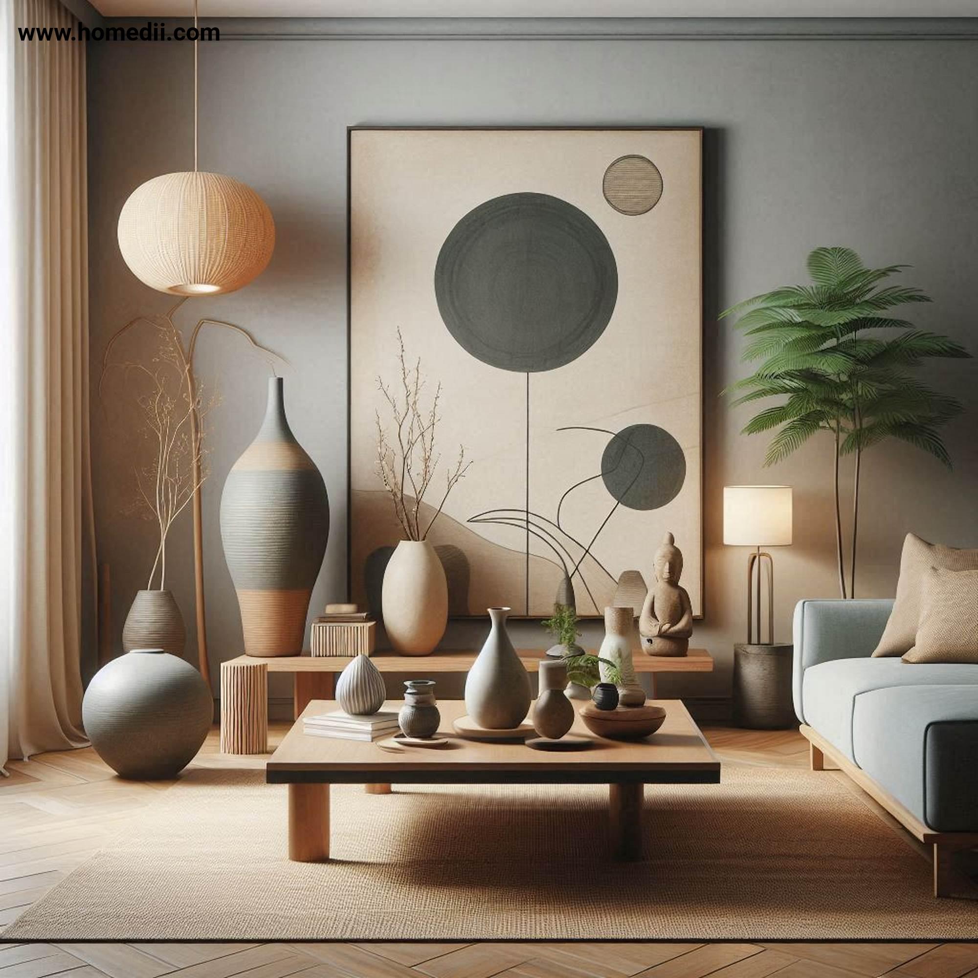 japandi living room refresh - Add Statement Decor with Handcrafted Pottery, Minimalist Sculptures, Abstract Wall Print!