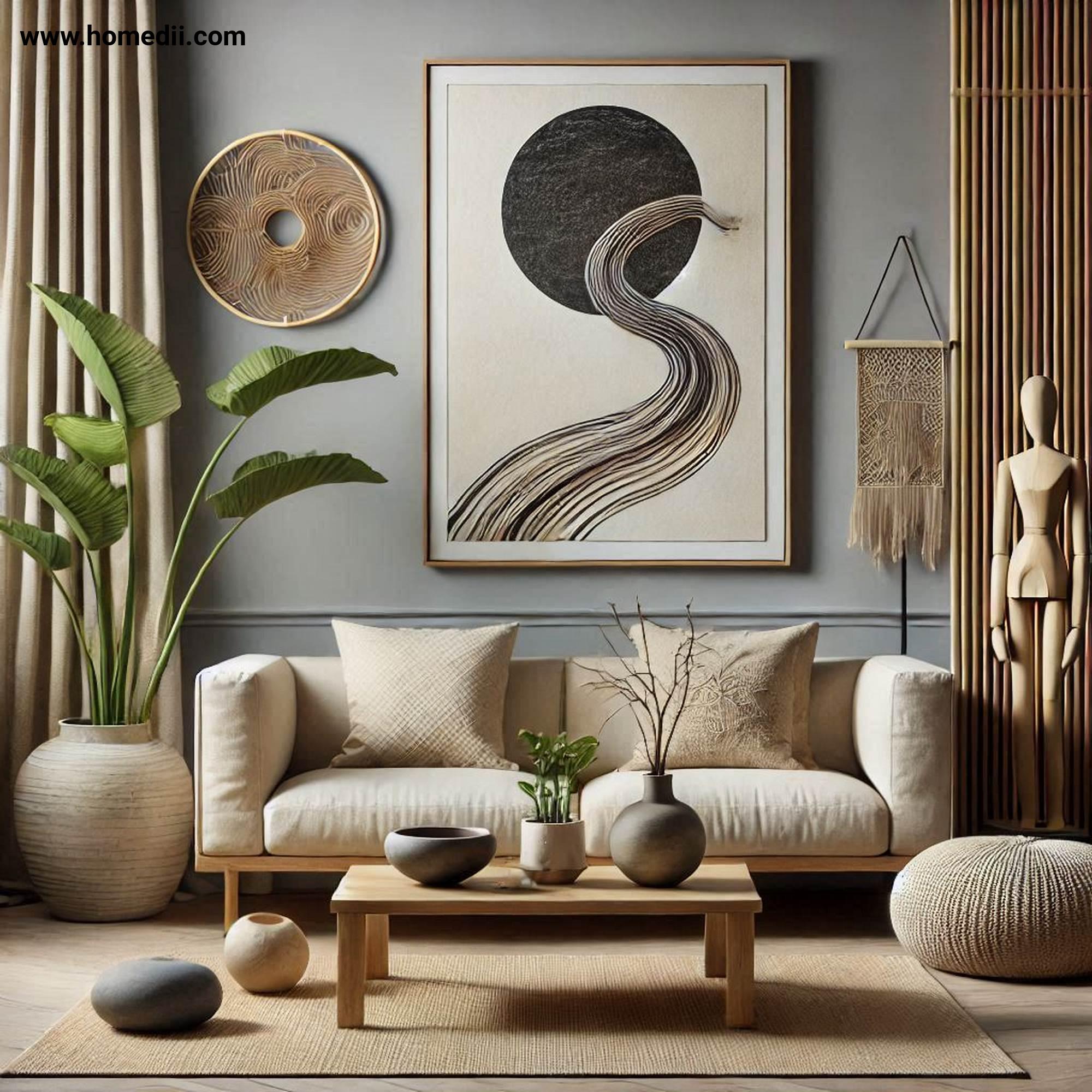 japandi living room refresh - Add Statement Decor with Handcrafted Pottery, Minimalist Sculptures, Abstract Wall Print!