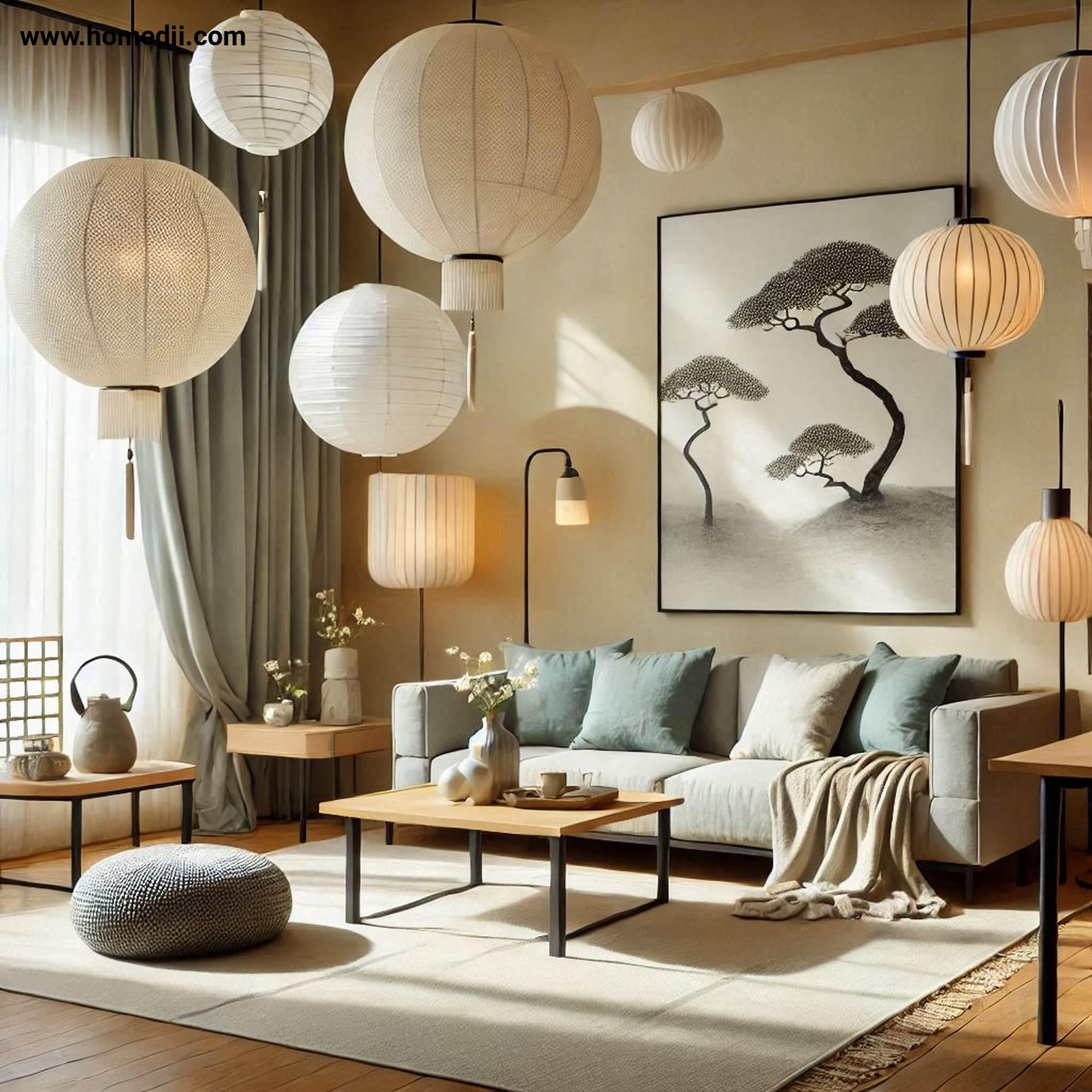 japandi living room refresh - Focus On Lighting with Paper Lanterns, Floor Lamps, Pendant Lights!