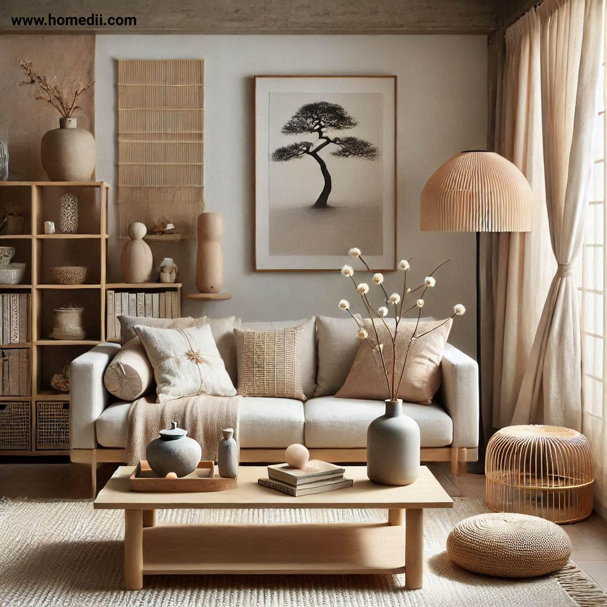 japandi living room refresh - Incorporate Natural Textures with Linen Curtains, Cotton Throws, Woven Rugs!