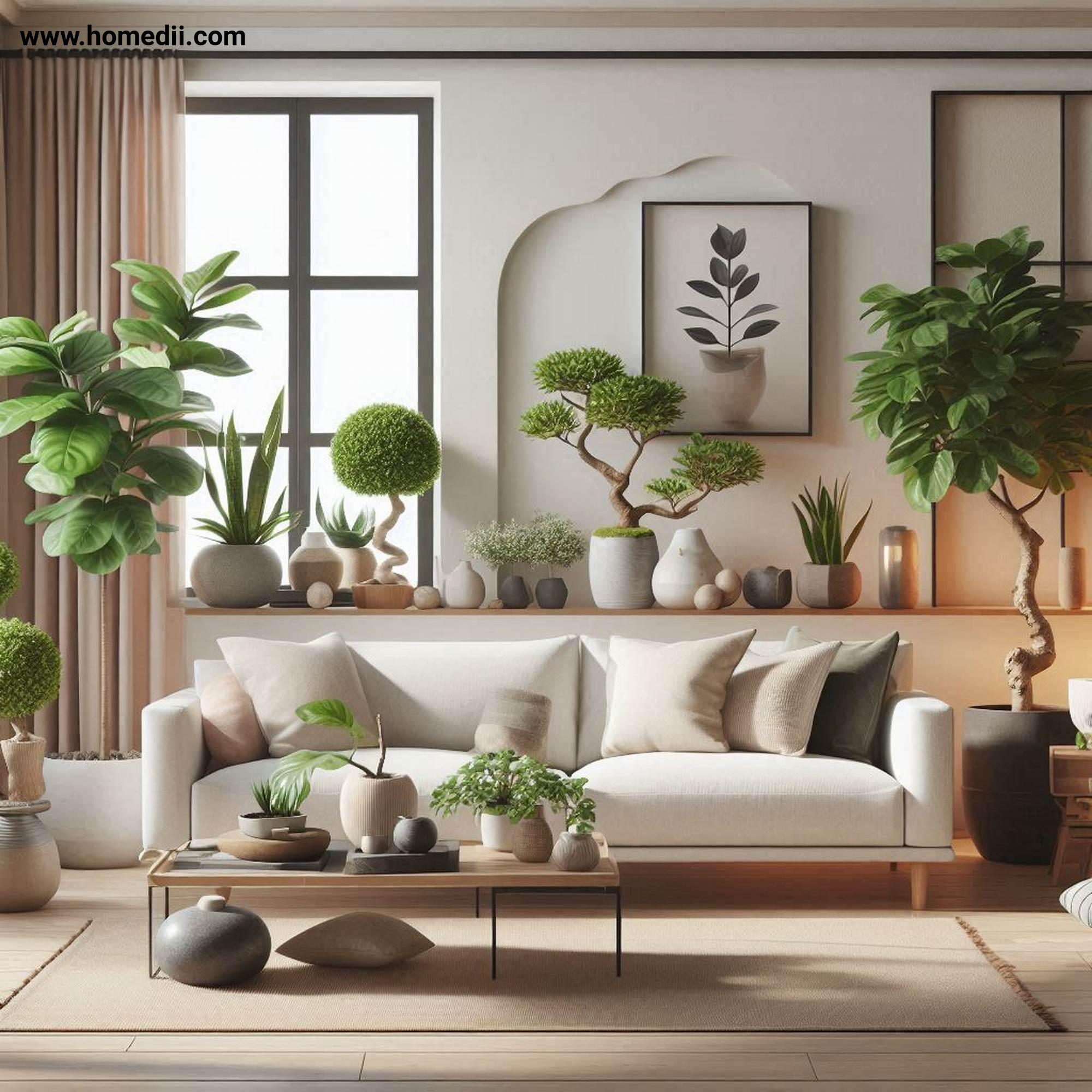 japandi living room refresh - Refresh With Greenery with Fiddle-Leaf Figs, Bonsai Trees, Snake Plants, Ceramic Pots, Stone Pots!