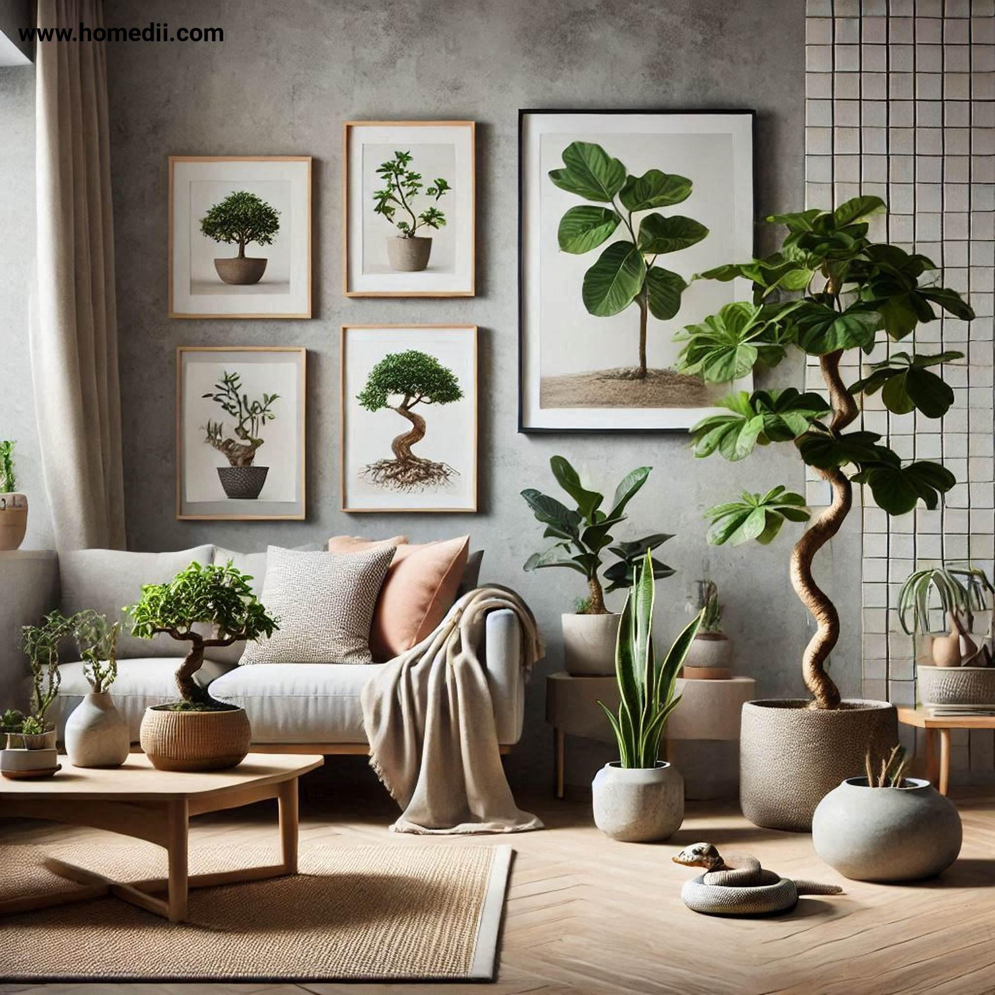 japandi living room refresh - Refresh With Greenery with Fiddle-Leaf Figs, Bonsai Trees, Snake Plants, Ceramic Pots, Stone Pots!