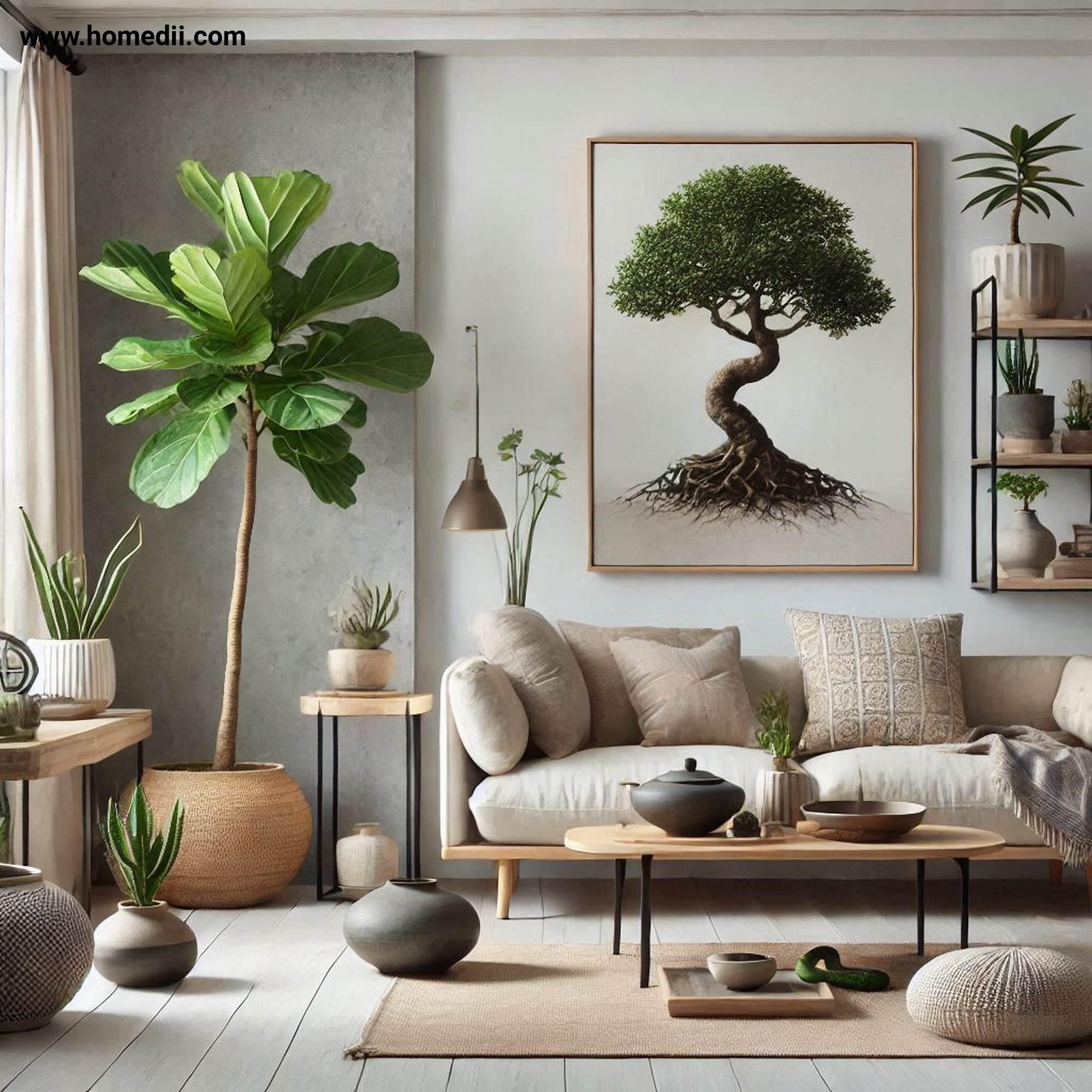 japandi living room refresh - Refresh With Greenery with Fiddle-Leaf Figs, Bonsai Trees, Snake Plants, Ceramic Pots, Stone Pots!