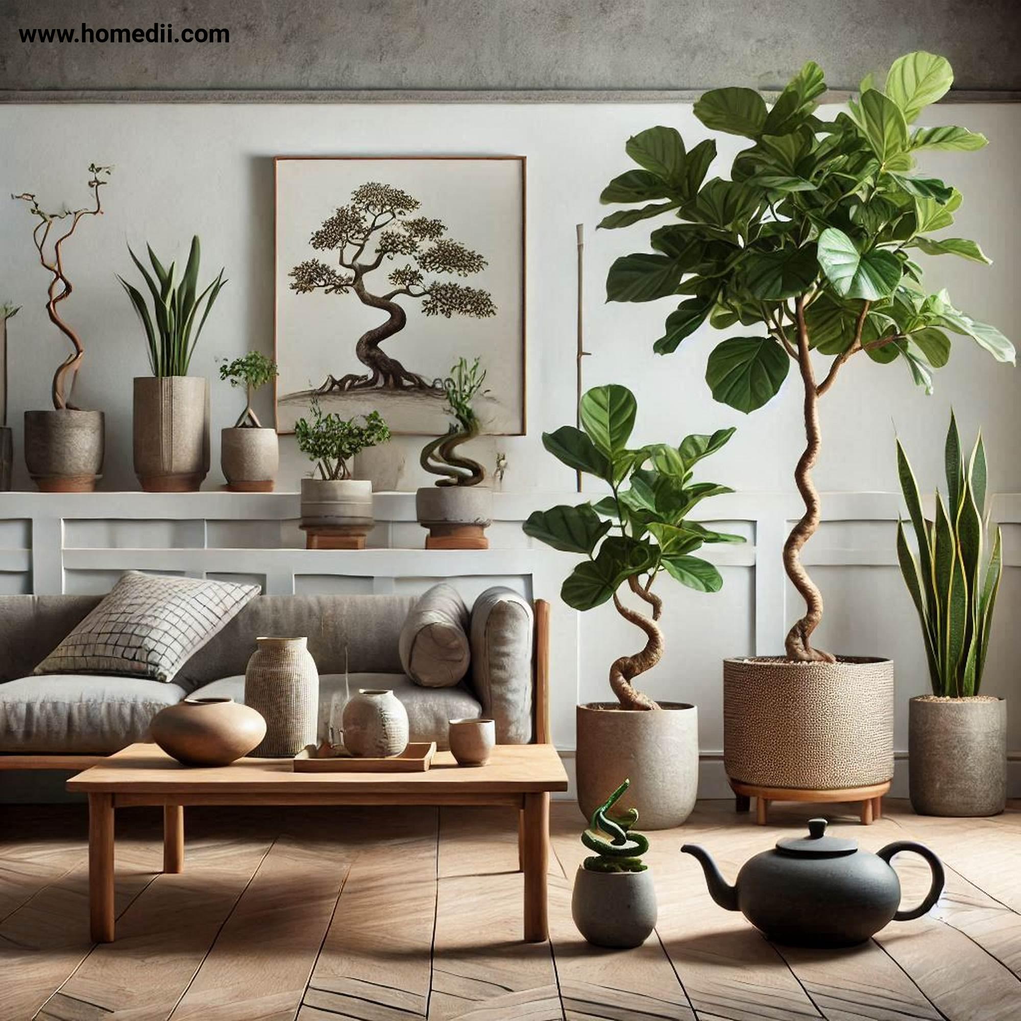 japandi living room refresh - Refresh With Greenery with Fiddle-Leaf Figs, Bonsai Trees, Snake Plants, Ceramic Pots, Stone Pots!