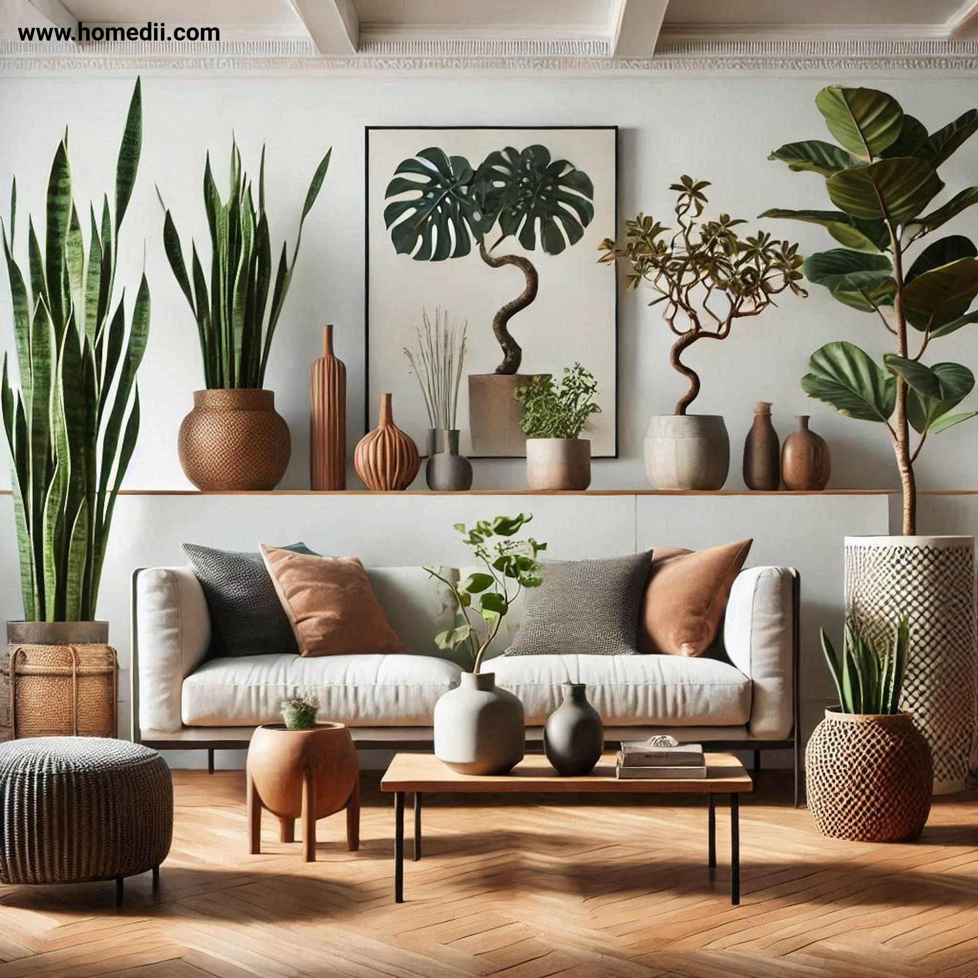 Mid Century Living Room - Bring In Indoor Plants with Snake Plants,Rubber Trees,Fiddle-Leaf Figs,Ceramic Planters,Wooden Planters!