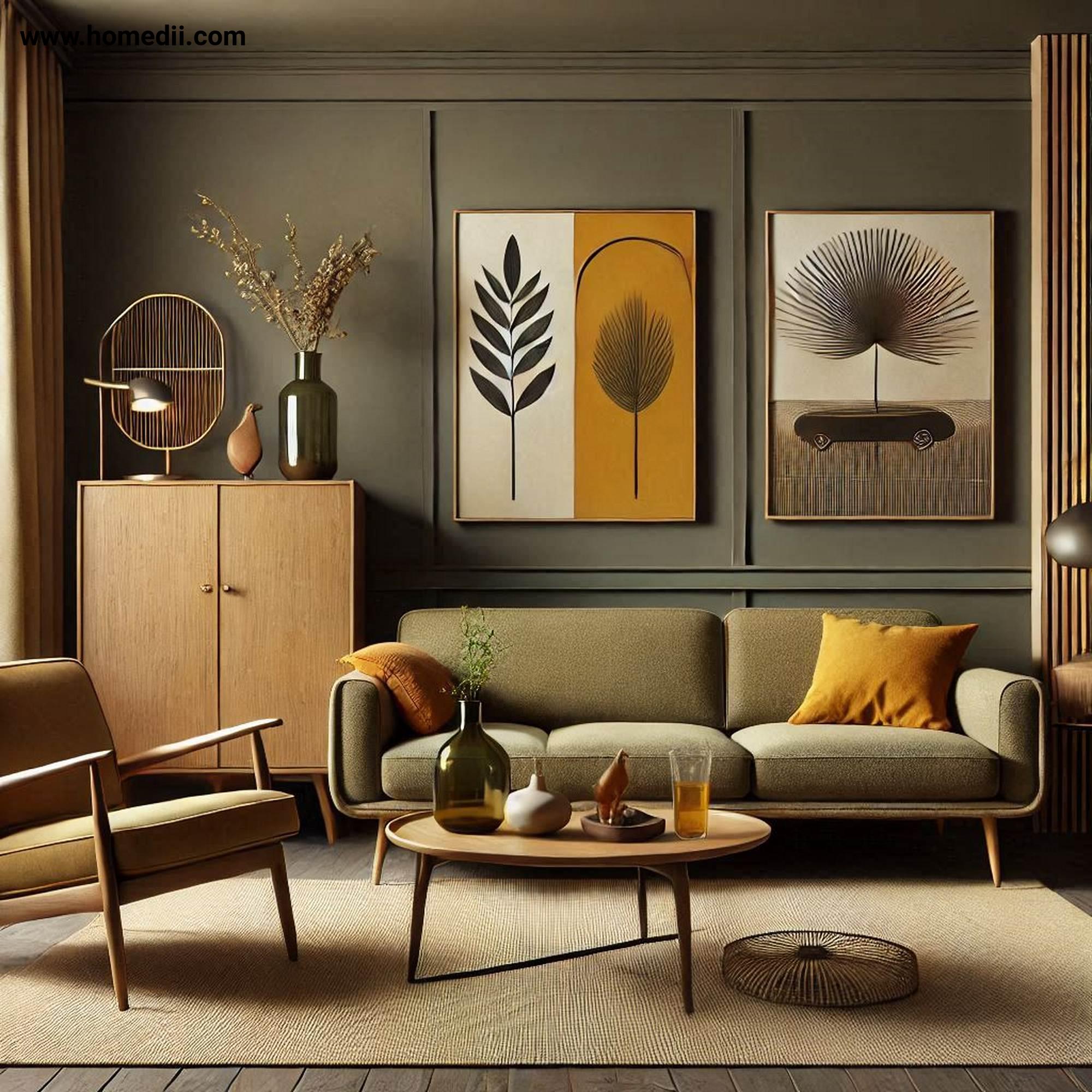 Mid Century Living Room - Choose A Muted Color Palette with Olive Green,Mustard Yellow,Warm Browns,Earthy Tones!