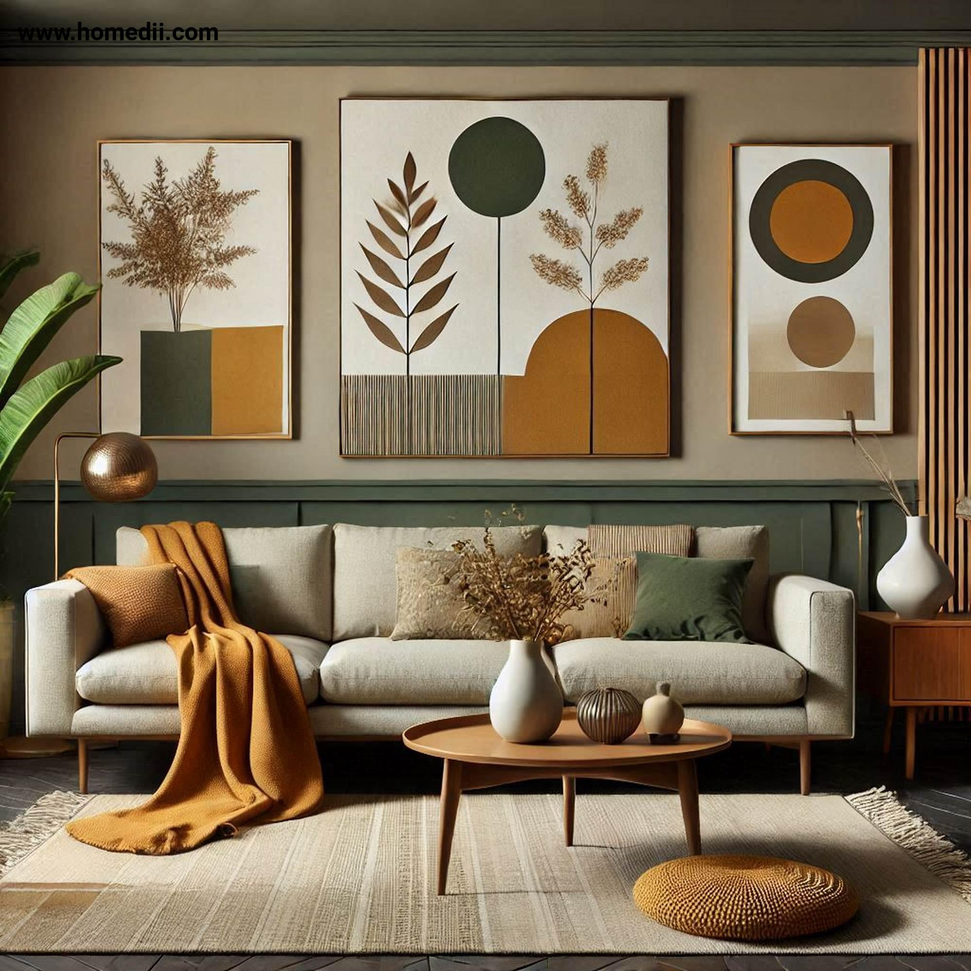 Mid Century Living Room - Choose A Muted Color Palette with Olive Green,Mustard Yellow,Warm Browns,Earthy Tones!