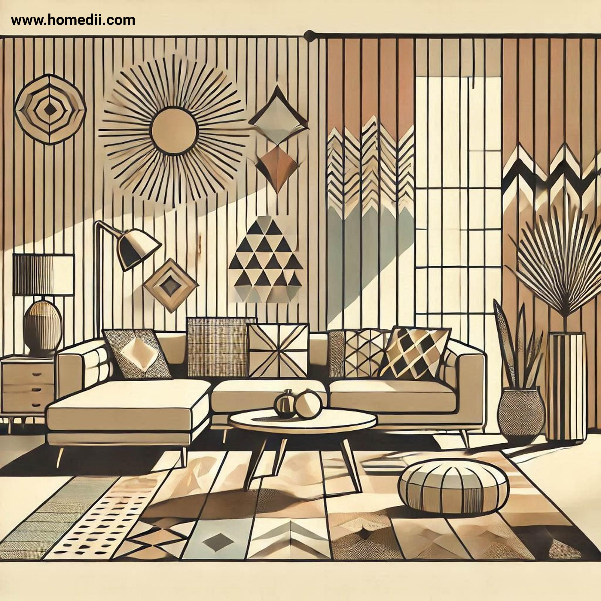 Mid Century Living Room - Layer With Geometric Patterns with Rugs,Throw Pillows,Curtains,Geometric Patterns,Starbursts,Diamonds,Chevrons!