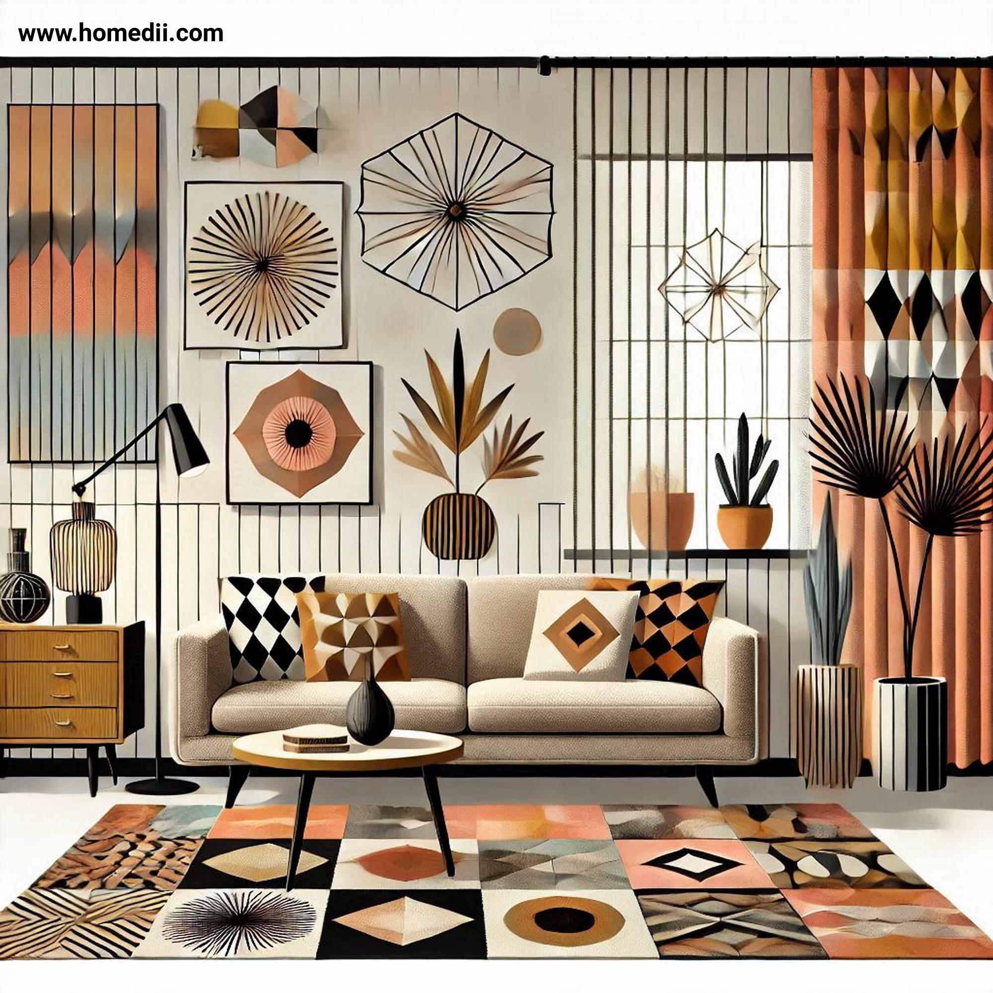 Mid Century Living Room - Layer With Geometric Patterns with Rugs,Throw Pillows,Curtains,Geometric Patterns,Starbursts,Diamonds,Chevrons!