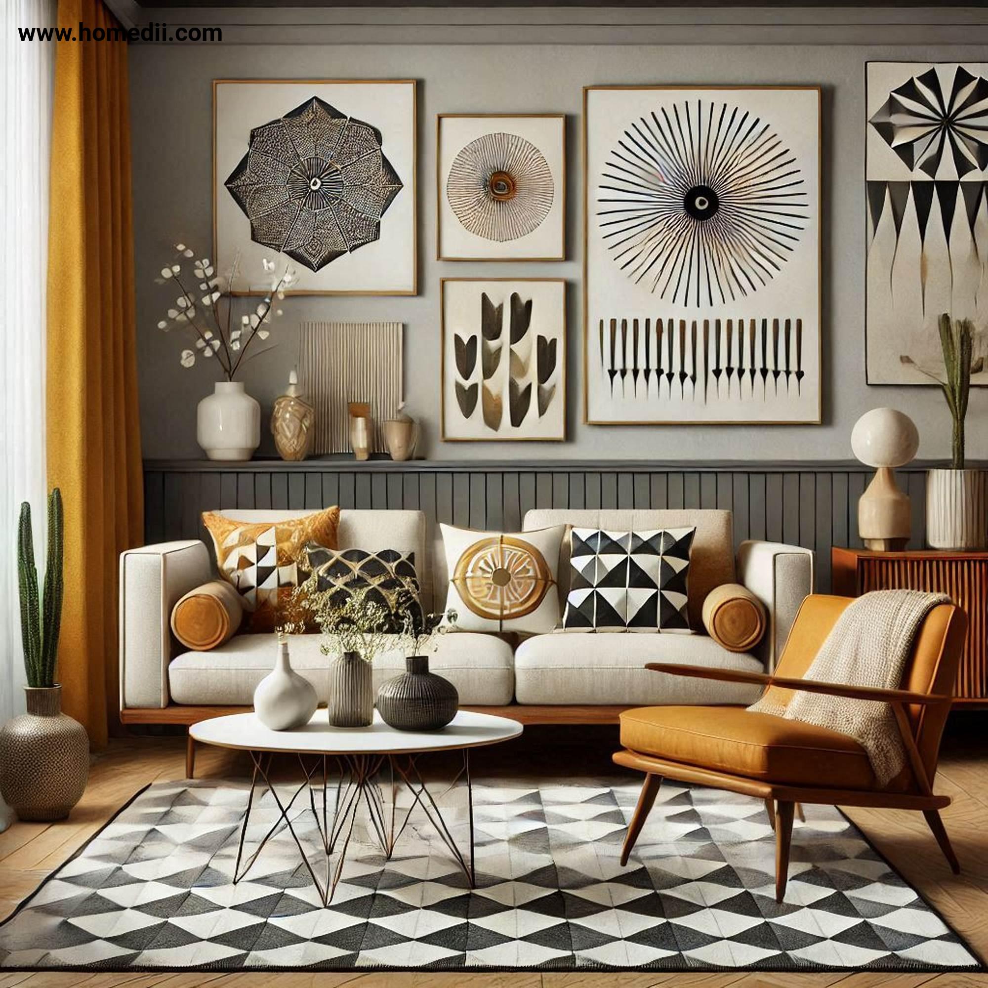 Mid Century Living Room - Layer With Geometric Patterns with Rugs,Throw Pillows,Curtains,Geometric Patterns,Starbursts,Diamonds,Chevrons!