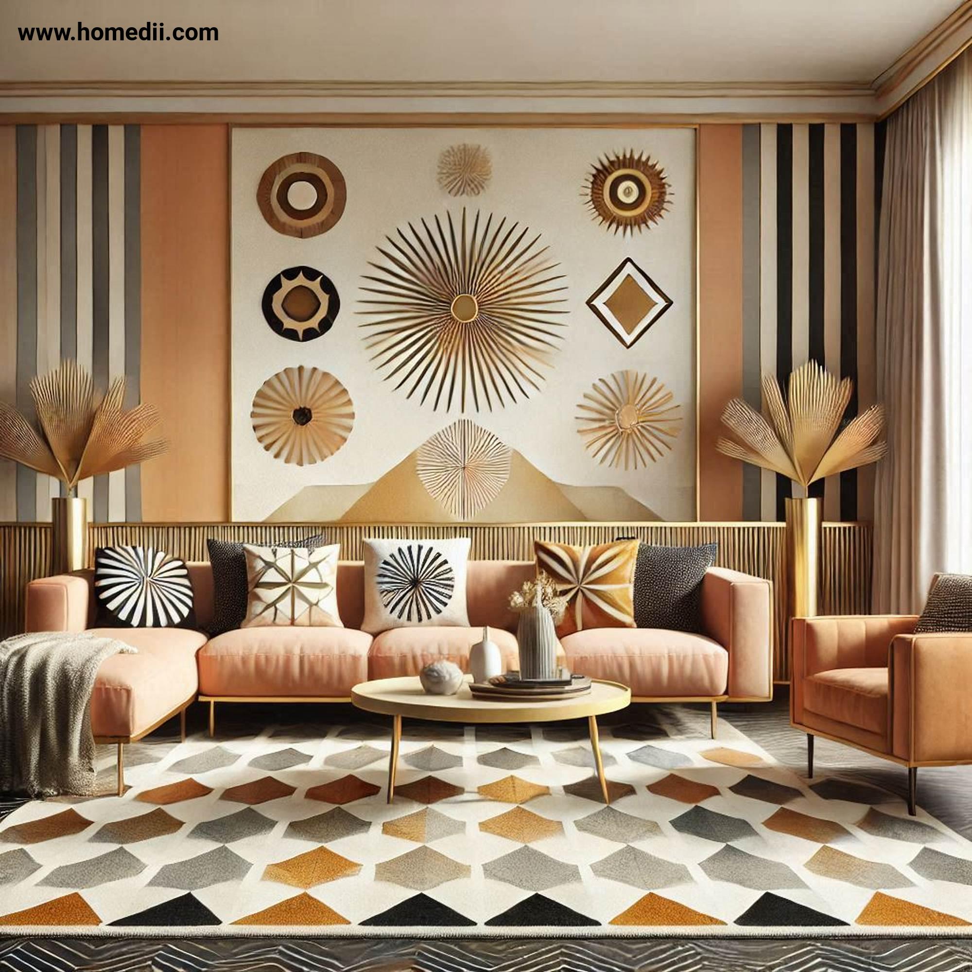 Mid Century Living Room - Layer With Geometric Patterns with Rugs,Throw Pillows,Curtains,Geometric Patterns,Starbursts,Diamonds,Chevrons!