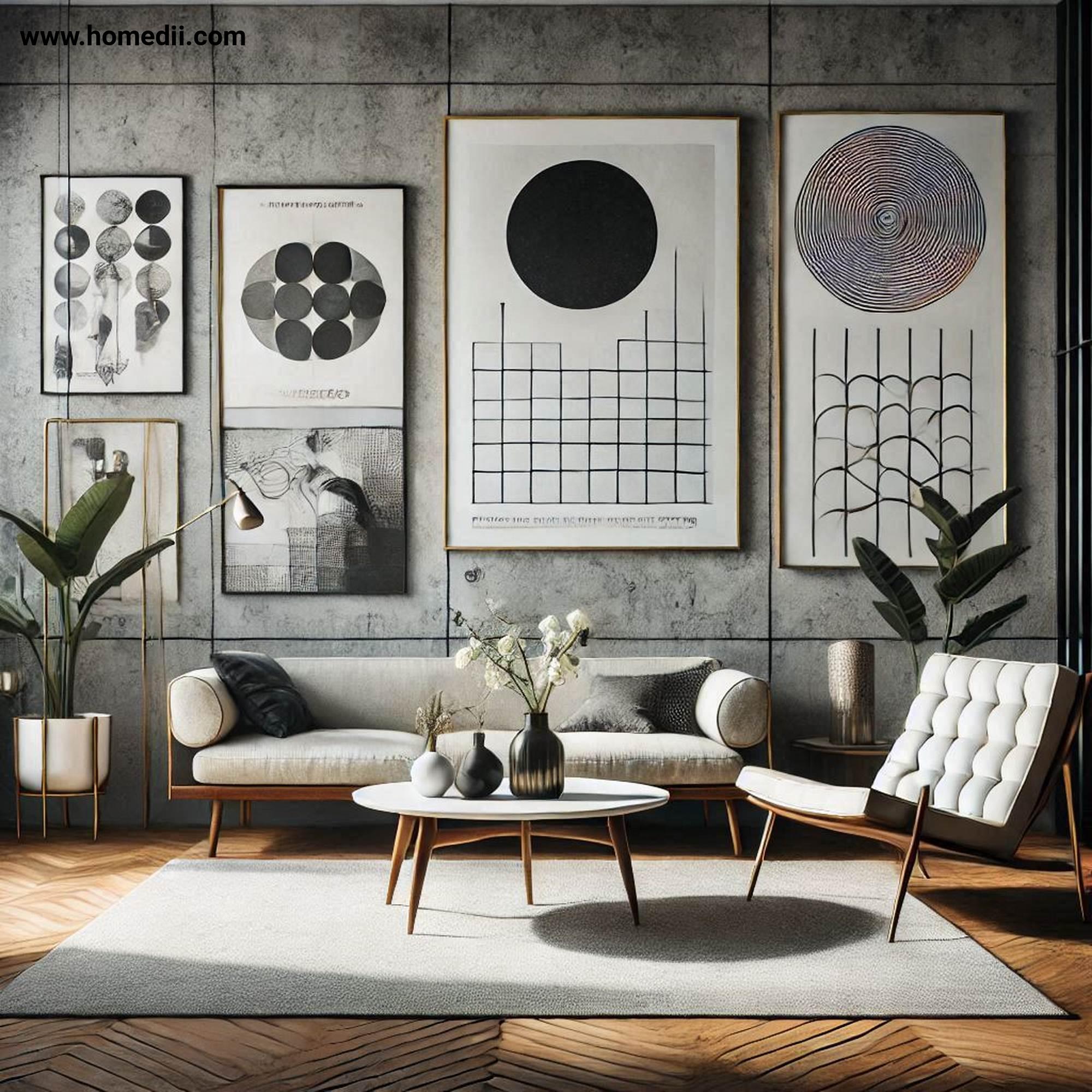 Mid Century Living Room - Use Minimalist Wall Art with Abstract Wall Art,Black-And-White Photography,Vintage Posters!